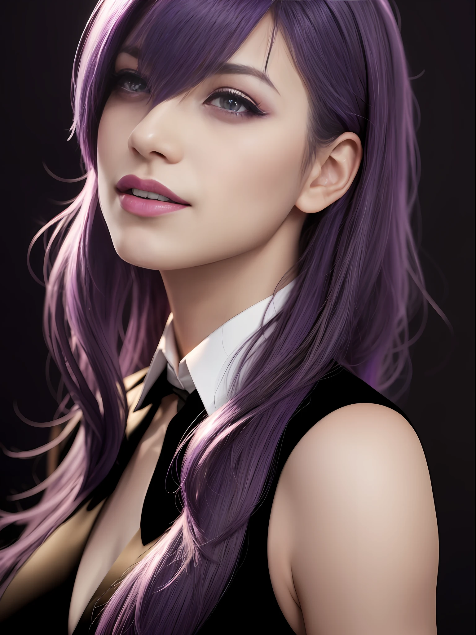 nagant(mha) purple hair, solo, purple eyes, black shirt,formal, collared shirt, sleeveless, multicolored hair, 1girl, looking at viewer, parted lips,black lipstick, gothic, streaked hair, upper body , white background,, (masterpiece, best quality:1.4), (modern days), (cowboy shot), 1girl, solo, pov, sfw, stunning girlfriend, (standing:1.1), dynamic pose, heart shaped face, elegant face, beautiful face, highly detailed face, highly detailed skin, skin pores, subsurface scattering, realistic pupils, medium breast, loving smile, looking at viewer, full face blush, full lips, detailed background, depth of field, atmospheric perspective, volumetric lighting, sharp focus, absurdres, realistic proportions, good anatomy, (realistic, hyperrealistic:1.4), 16k hdr,