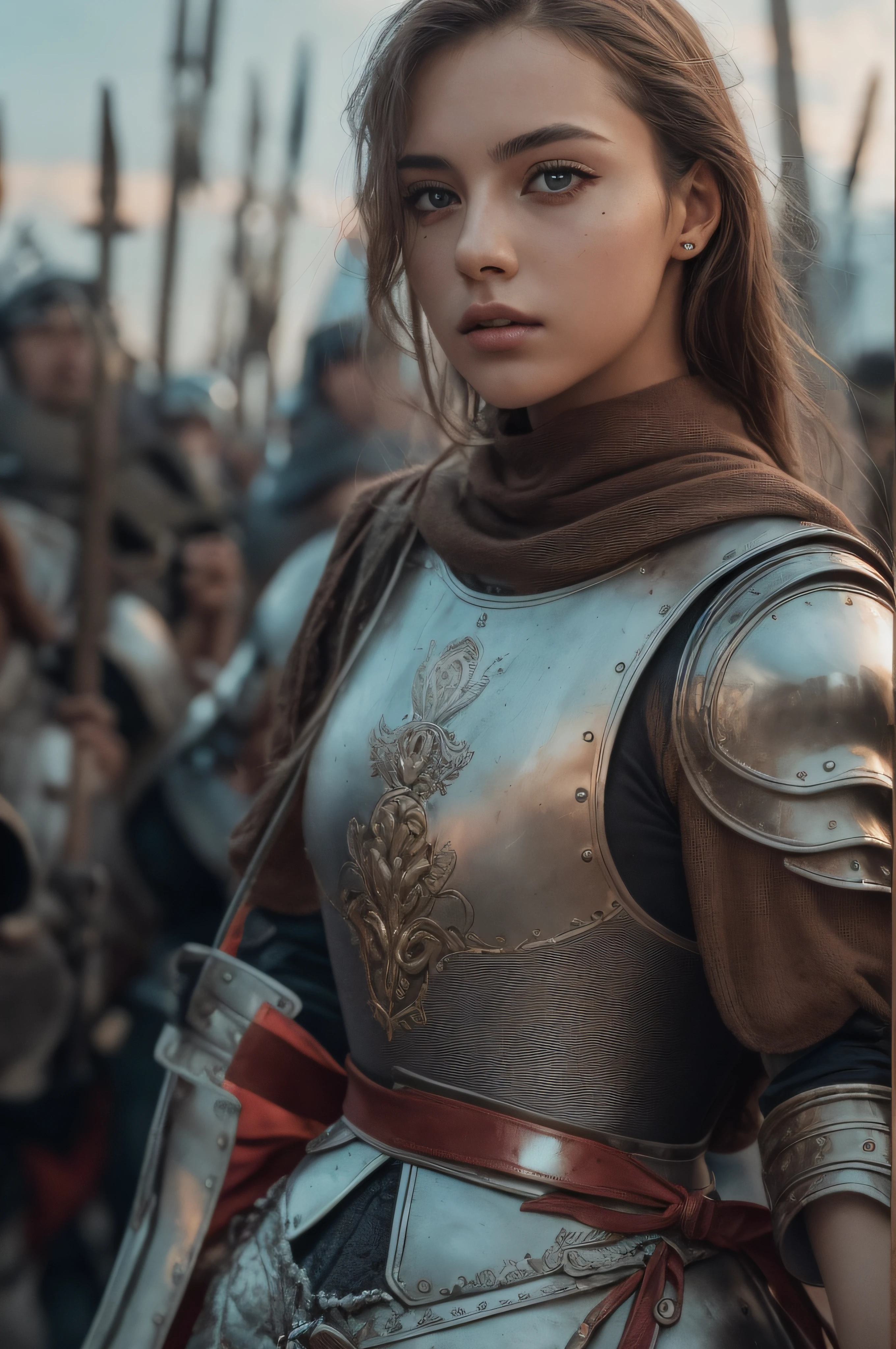 RAW photo, a 22-year-old-girl, Joan d'arc, in medieval battle suit, in the middle of medieval war, (1girl), (realistic), (photo-realistic:1.5), lipstick,(RAW photo, 8k uhd, film grain), Sharp Eyeliner, Blush Eyeshadow With Thick Eyelashes, extremely delicate and beautiful, 8k, soft lighting, high quality, highres, sharp focus, extremely detailed, (sunlight on face), beautiful detailed eyes, extremely detailed eyes and face, masterpiece, cinematic lighting, (high detailed skin:1.2), 8k uhd, dslr, soft lighting, high quality, film grain, Fujifilm XT3