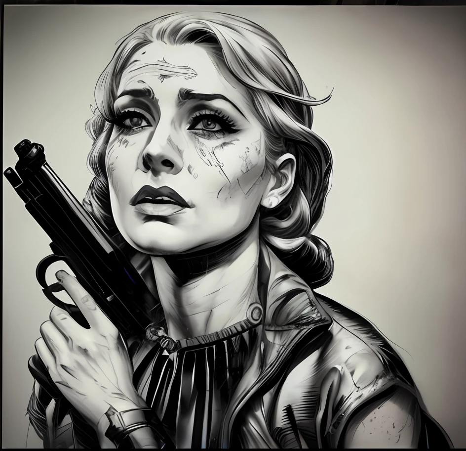 desenho de uma mulher segurando uma arma com um rosto marejado, obras de arte impressionantes, desenhado em um estilo neo - noir, arte linda, inspirado em Sandra Chevrier, choro bonito! Lee Bermejo, hatched pen and ink art, stroke details, ink on paper, marvel comics, frank frazetta style