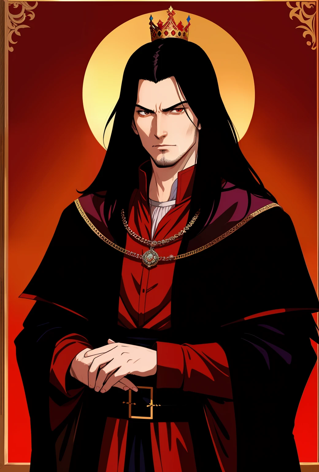 30 year old man, king year 1448 in Wallachia, straight face, no beard, blood around, young man, evil look, villain, black hair