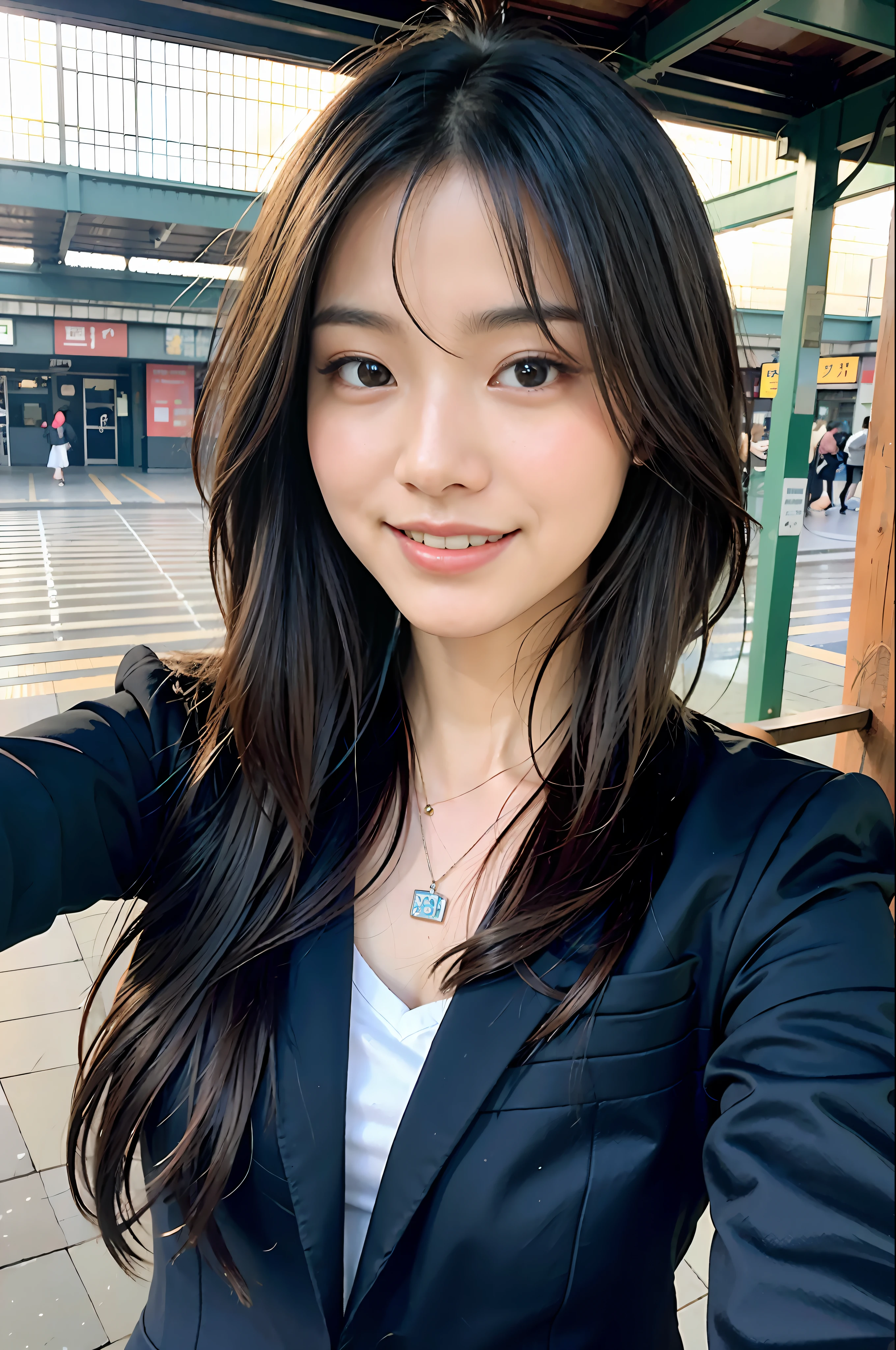 (Masterpiece:1.3)、(8k、Photo Realistic、RAW Photography、top-quality: 1.4)、super definition、anatomically correct、Textured skin、(1girl、solo)、（Shooting for one person only）、beautiful countenance、（realistic face）、Korean model(A dark-haired、Center division、Long:1.3）、Chinese models(A dark-haired、Center division、Long:1.3)、More Korean than Chinese、realistic eyes、real looking skin、Beautiful details、Beautiful skins、A charming smile、Smiling smile、super high resolution、（hyper-realistic）、anatomically correct、Textured skin、Sharp jawline、perfect proportions 、（plump bust）、Necklace、 Realistic Light、、（Selfie on the station platform）、（selfies）、wearing a （suit）、morning view、natural light