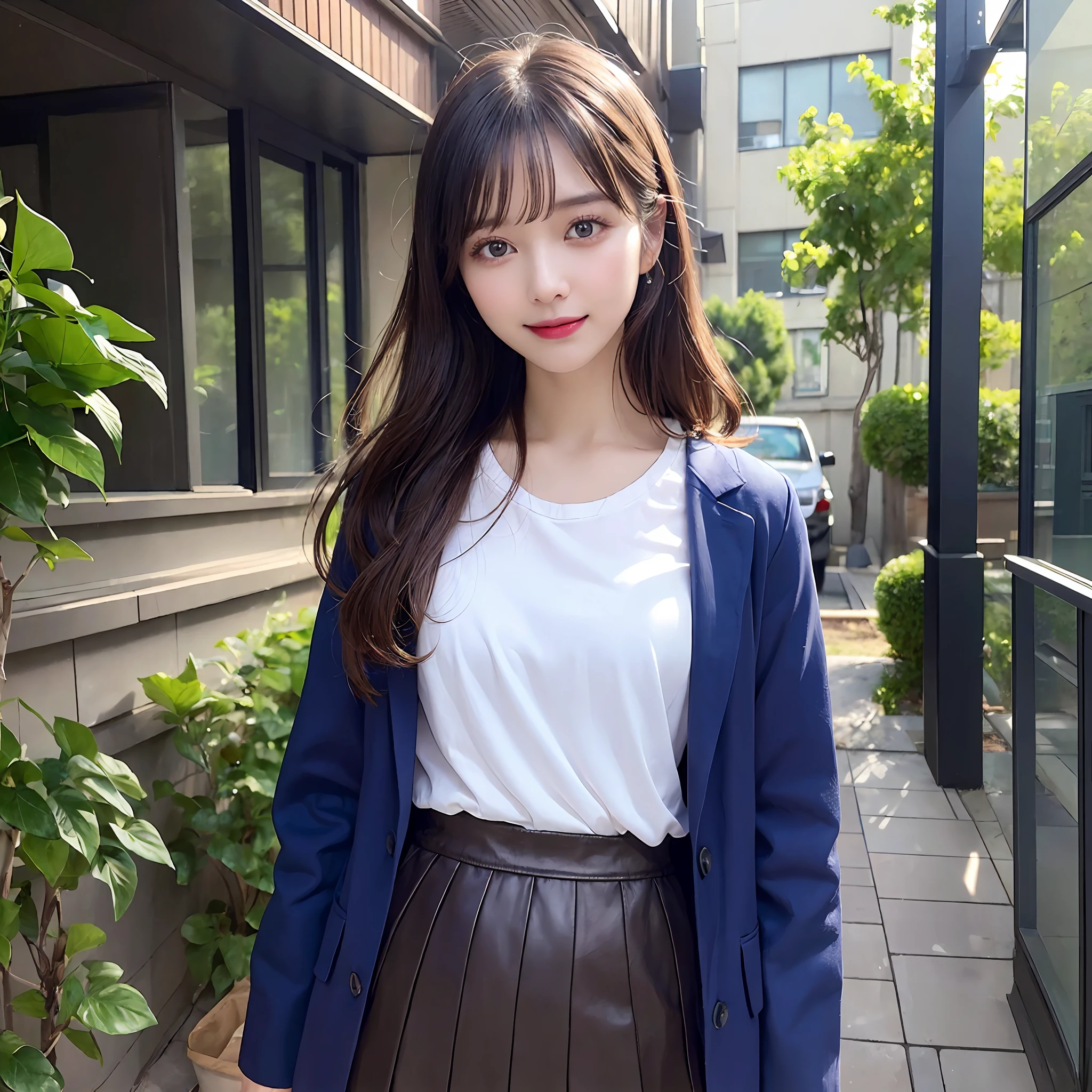 {“query”: “a person”}、((Realistic lighting、top-quality、8K、masterpiece:1.3))、Focus:1.2、1 girl、Perfect figure:1.4、Slim abs:1.1、((dark brown hair))、(Dark blue jacket)、(Dark blue skirt)、(White shirt)、(outside of house、Daytime:1.1)、(Super fine face、A smile)、big eye、24
