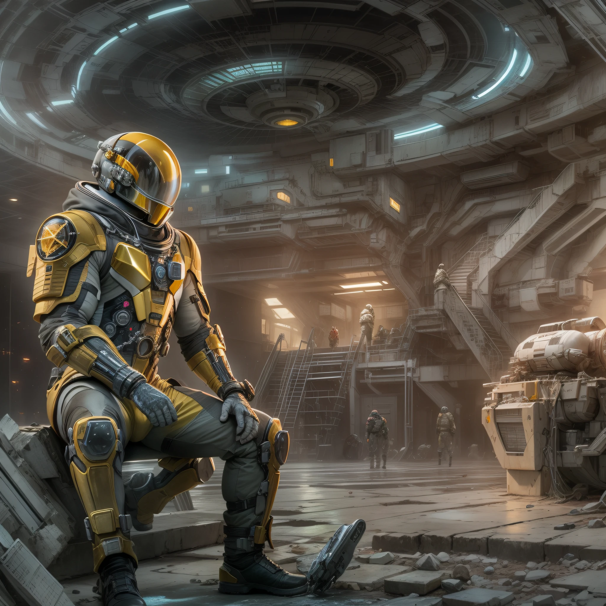 en estilo comic, basado en la pelicula prometheus: (( la tripulacion de la spacecraft prometheus, hombres y mujeres)), inspeccionas una ciudad de un planeta desconocido , con enormes edificios altamente tecnologicos. cuyos materiales de construccion son la plata, el oro y el bronc