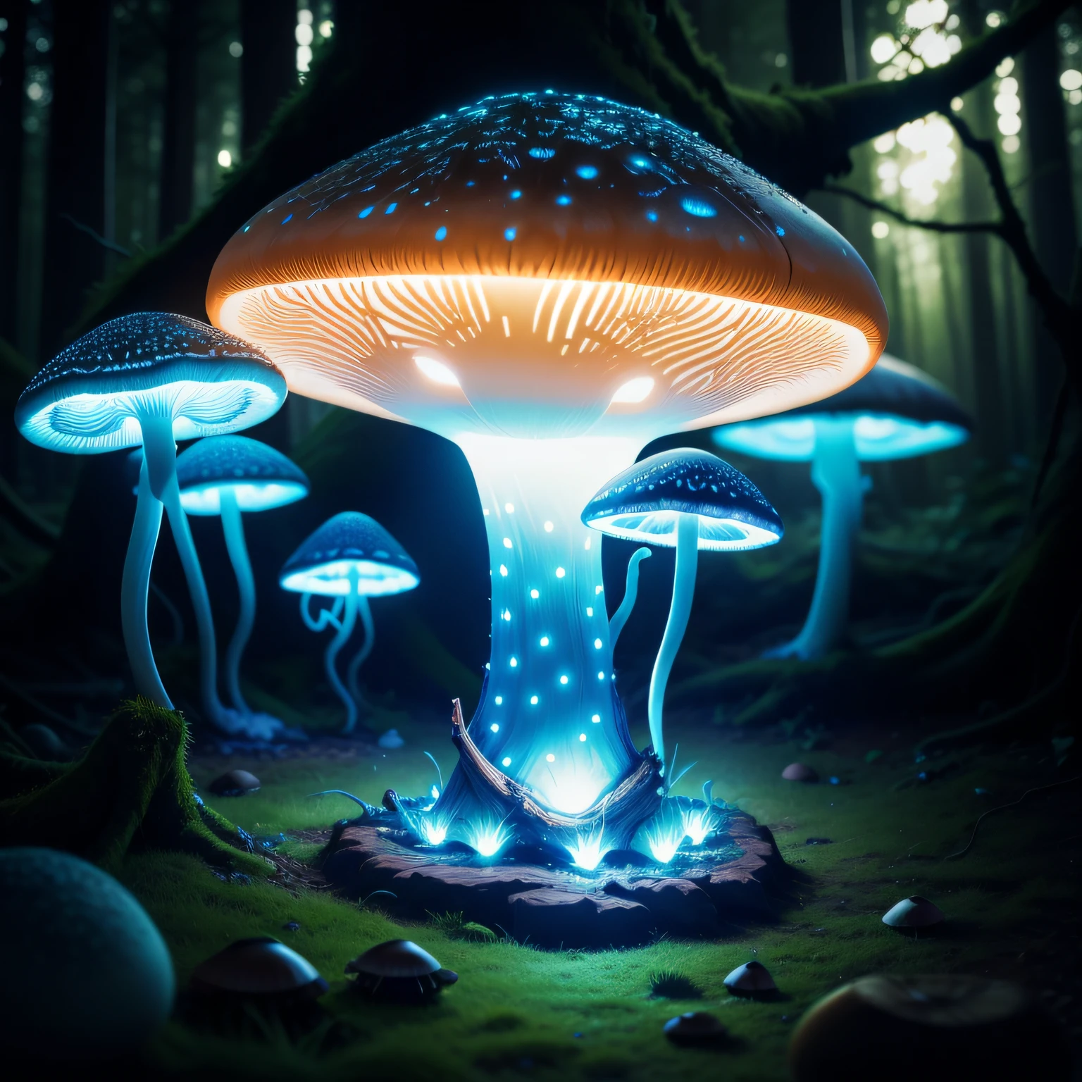 Luminescent mushrooms growing next to an old tree in the forest at night --auto
