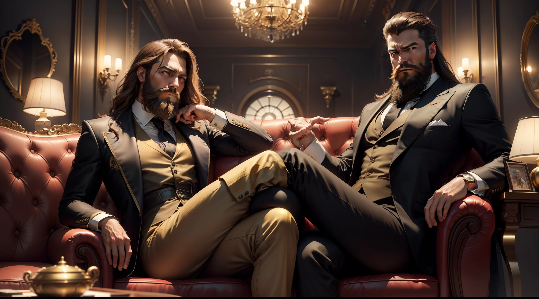 Create in ultra realistic high resolution the image of a powerful man with stylish beard hair sitting on a chesterfield sofa of the golden color and next to a beautiful sexy woman in a contemporary room and put a fraze and a gothic capital letter episode 6