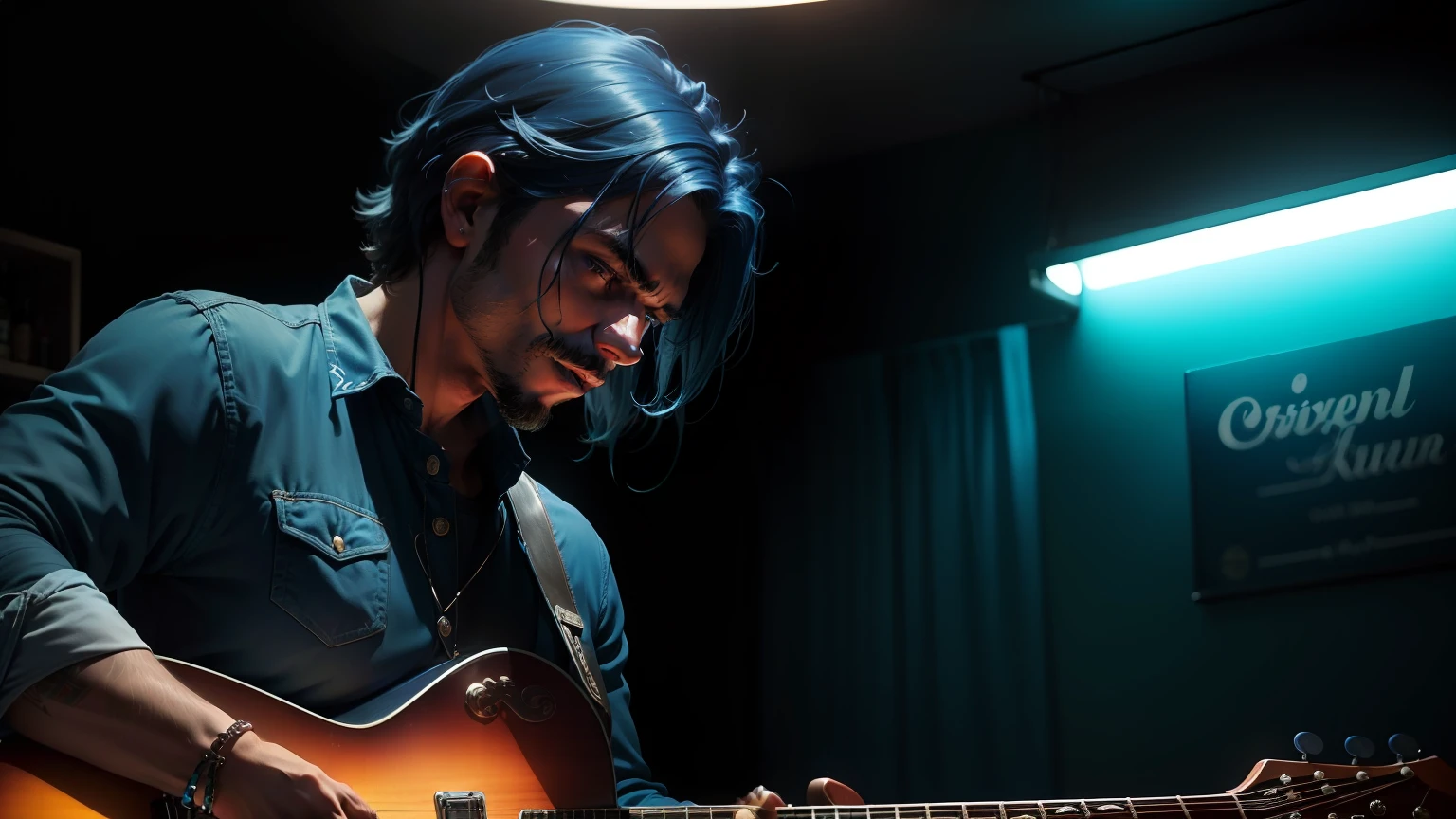 Create an image that captures the essence of the blues. Pense em tons suaves de azul, um homem de terno tocando guitarra e um bar noturno,com leds e , nostalgic lights. The image should convey the emotionality and unique soul that make the blues such a captivating musical style.