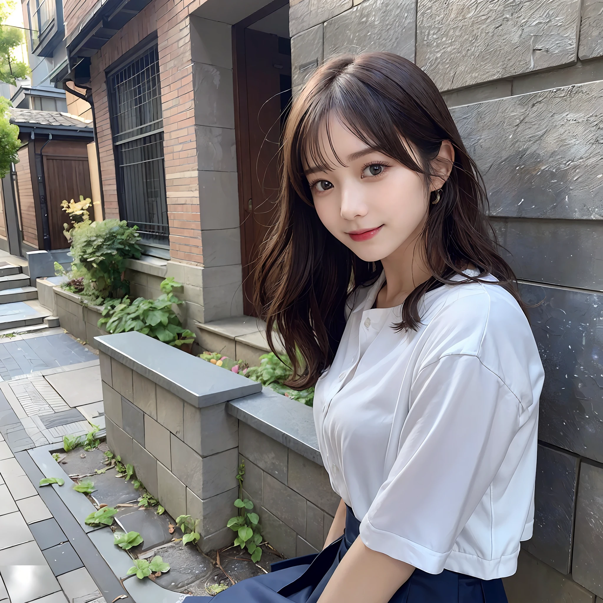 {“query”: “a person”}、((Realistic lighting、top-quality、8K、masterpiece:1.3))、Focus:1.2、1 girl、Perfect figure:1.4、Slim abs:1.1、((dark brown hair))、(Dark blue jacket)、(Dark blue skirt)、(White shirt)、(outside of house、Daytime:1.1)、(Super fine face、A smile)、big eye、24
