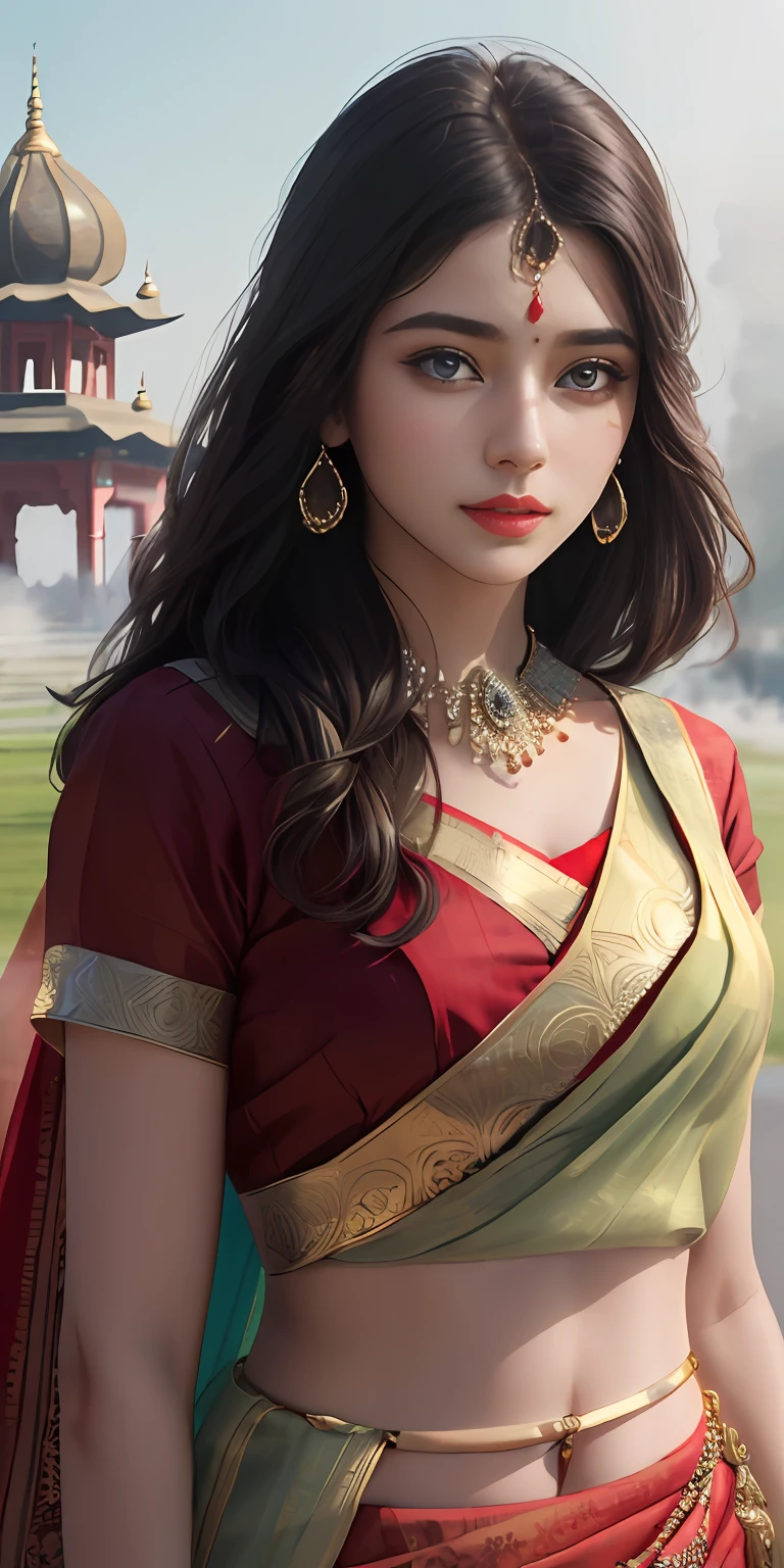 (1girl:1.3), Solo, (((Very detailed face)))), ((Very detailed eyes and face)))), Beautiful detail eyes, Body parts__, Official art, Unified 8k wallpaper, Super detailed, beautiful and beautiful, beautiful, masterpiece, best quality, original, masterpiece, super fine photo, best quality, super high resolution, realistic realism, sunlight, full body portrait, amazing beauty, dynamic pose, delicate face, vibrant eyes, (from the front), She wears Indian traditional saree, red and black color scheme,, very detailed lawn of a temple,, detailed face, detailed complex busy background, messy, gorgeous, milky white, highly detailed skin, realistic skin details, visible pores, clear focus, volumetric fog, 8k uhd, DSLR, high quality, film grain, fair skin, photo realism, lomography, futuristic dystopian megalopolis, translucent