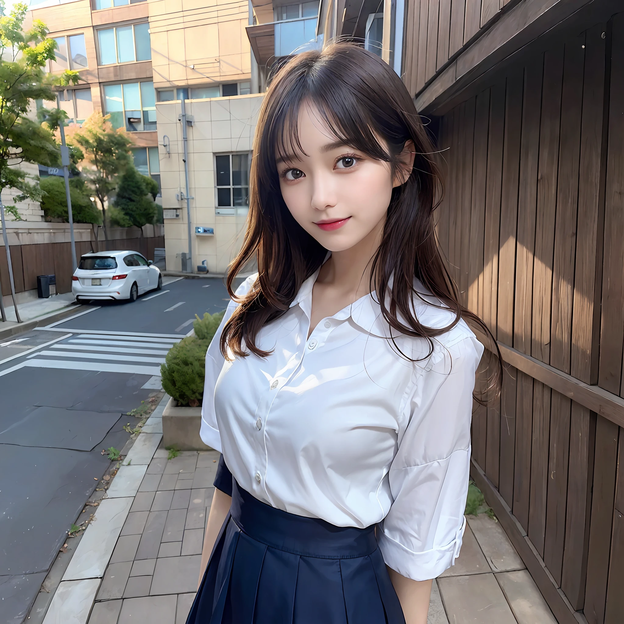{“query”: “a person”}、((Realistic lighting、top-quality、8K、masterpiece:1.3))、Focus:1.2、1 girl、Perfect figure:1.4、Slim abs:1.1、((dark brown hair))、(Dark blue jacket)、(Dark blue skirt)、(White shirt)、(outside of house、Daytime:1.1)、(Super fine face、A smile)、big eye、24