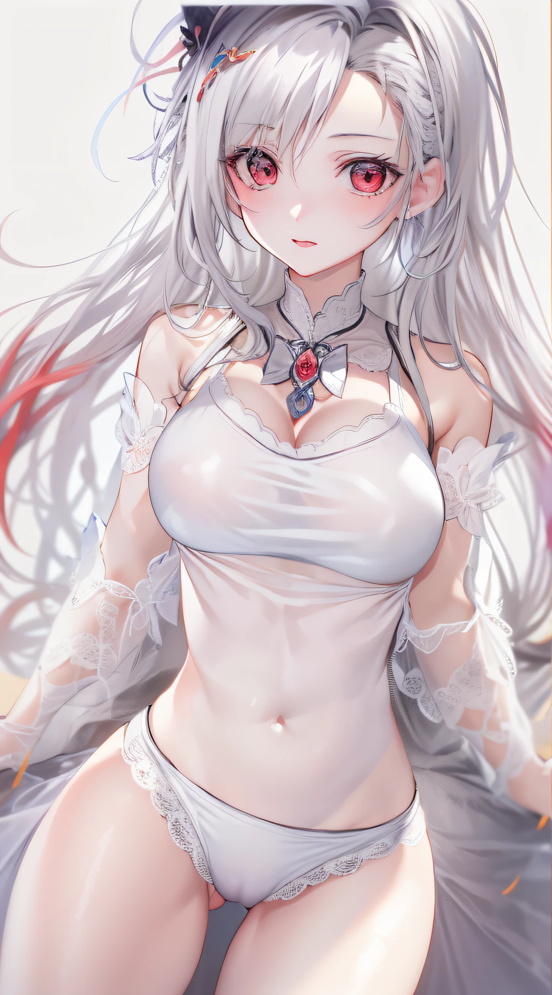Silvery hair,red color eyes,Raised y,Keep your feet apart,White pane,huge tit,One an,(tmasterpiece), Best quality at best, s the perfect face,Whole body diagram,an legs,No shoes,White lace underwear
