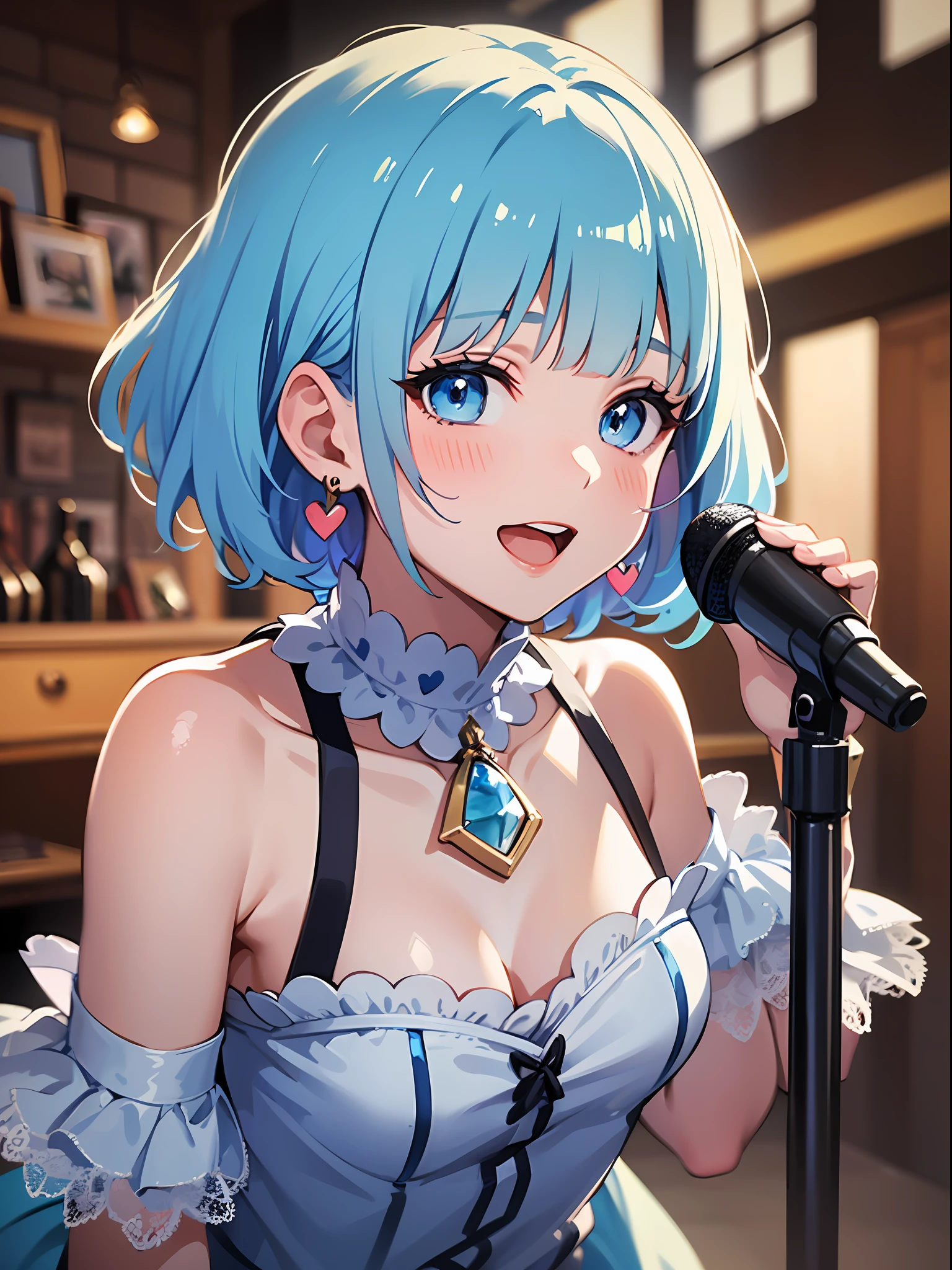 (masterpiece:1.3), (best quality:1.3), high resolution, 


couboy shot, 
leaning forward, body facing forward, have a microphone, 

(one cute girl:1.3), solo, 
white skin, small Breast, eight-headed person, 
light blue hair, (bobbed hair:1.2), (short hair:1.2), (blunt bangs:1.2), beautiful hair, blue eyes, beautiful detailed eyes, 

blush, open mouth, heart, cheerful smile, 

Idol costumes, frill, white and blue clothes, earrings, 

indoors, stage, 

shadowlighting,