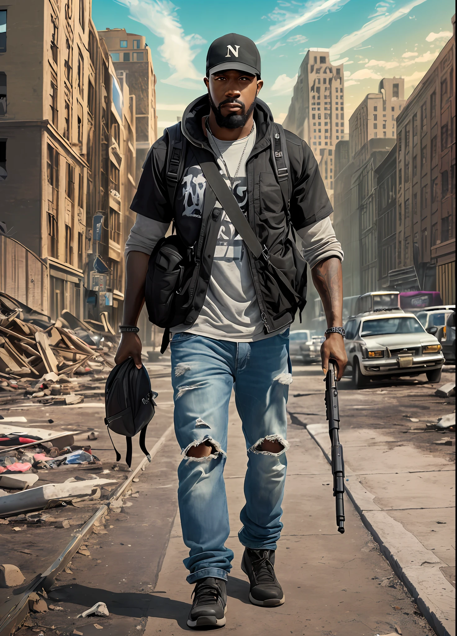 full shot, (((based on the film I'm a legend: a black man with a sheepdog walks against the backdrop of the ruins of New York, he is wearing dirty clothes and a backpack and holding an ak-47 custom in his hands))), high detail, clear focus, natural daylight ,hdr,deep chiaroscuro,cinematic light,cinematic paintwork,photorealism,joe bussenik style --auto --s2