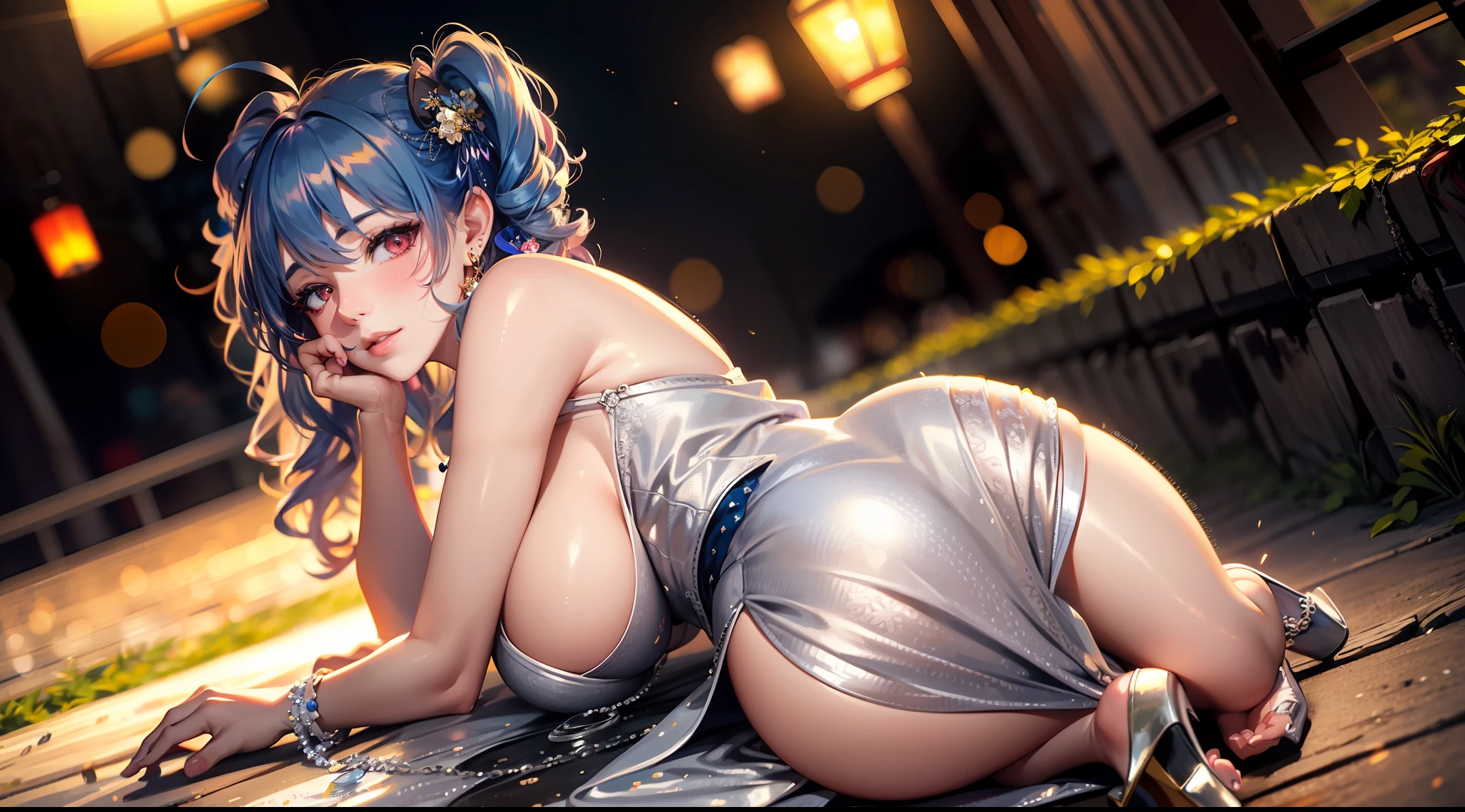 A girl crawls in a park at night,Clear sky in the background. Park benches and soft lighting, Rear photo, (Side photography), looking back at the viewer, (Masterpiece), ((Ultra-detailed)), (Highly detailed), (Expressionless), (Best quality: 1.2), 8K, hdr, A high resolution, absurderes: 1.2, Object perspective, Blurred background, Bokeh: 1.1, Lens flare, (vivd colour: 1.2), High quality texture, Detailed texture, High-quality lighting and shadows, a face with perfect proportion, full bodyesbian, Mature and excited body, Detailed skin texture, vibrant, pale and radiant skin, natural saggy breasts, gigantic bosom: 1.5, High waist, Narrow waist: 1.3, Wide hips, Full buttocks, Detailed beautiful face, (PureErosFace_V1:1.3)(Ulzzang-6500:0.4) Detailed beautiful eyes, Symmetrical eyes, Perfect eyes, Seductive eyes, Beautiful nose, High nose, Clear blush, Detailed lips, Earrings, hoop earings, necklace, jewelry, Sapphire heart necklace, Silver-toned high-heeled sandals, Seductive expression, Smile, Perfect hands, Delicate and beautiful fingers, Detailed beautiful legs, photo-realistic hair, detailed hairs, (Silver dress, Red dress, Blue dress), Japan goddess, Long hair, Blonde hair, (Red eyes: 1.5), Hair ribbon, Bob cut, Red hair ribbon,),Huge breasts,japanese beautiful woman,Blush,