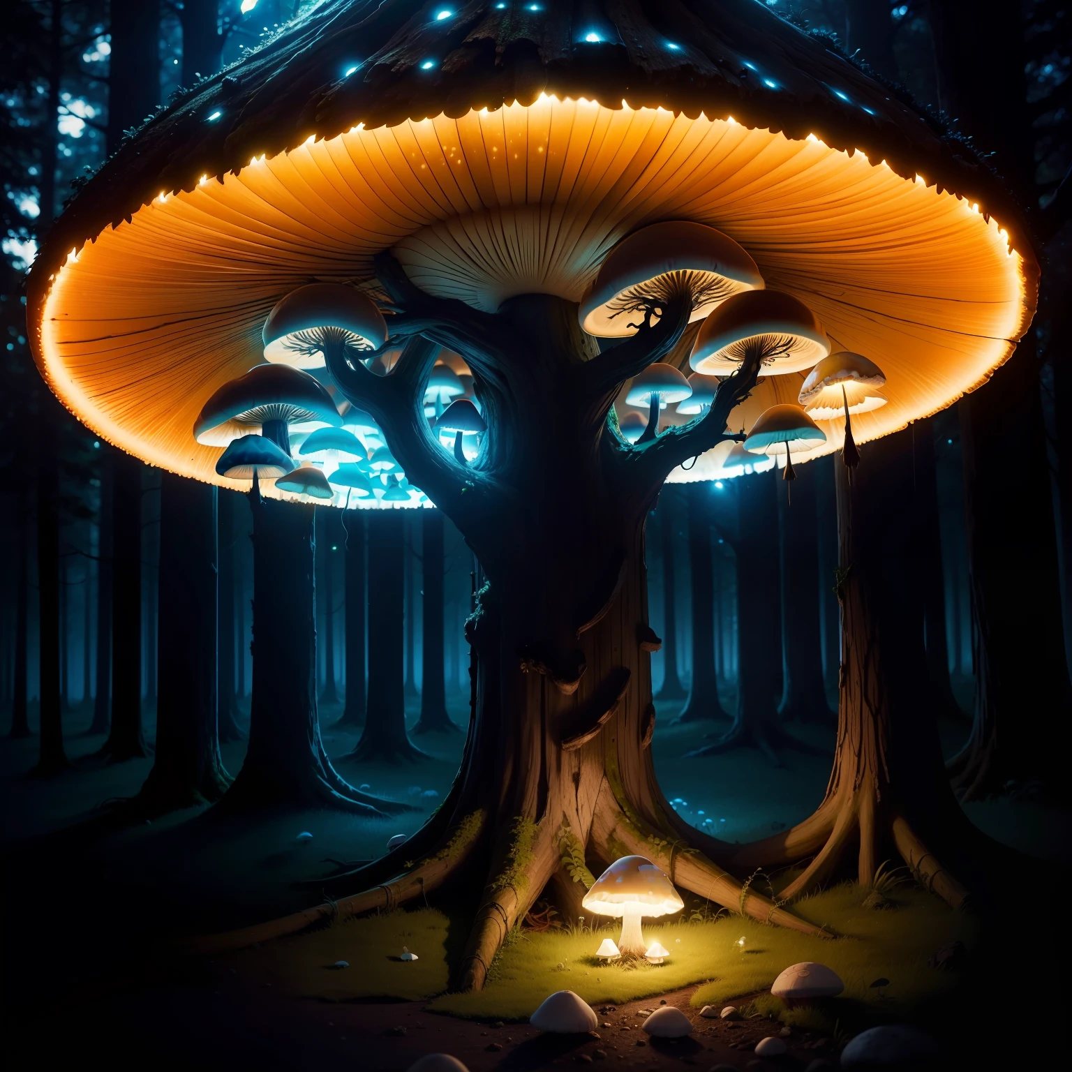 Luminescent mushrooms growing next to an old tree in the forest at night --auto
