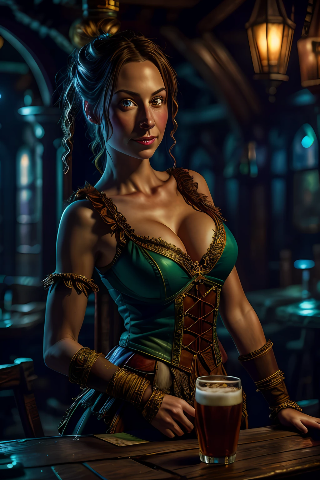 Gemma Hunter girl in fantasy tavern, masterpiece, ultra high contrast, intricate details, insane details, 8k