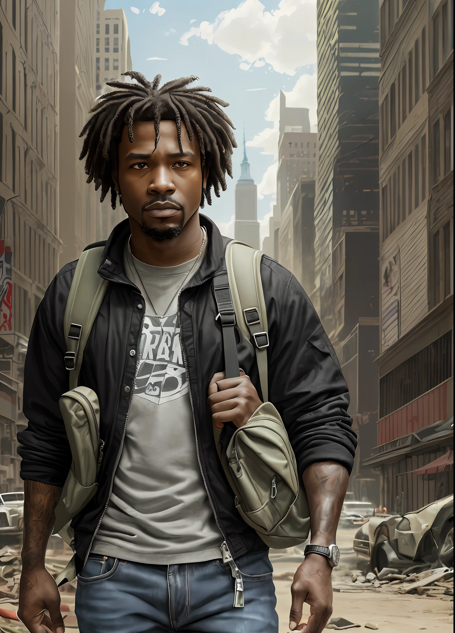 full shot, (((based on the film I'm a legend: a black man with a sheepdog walks against the backdrop of the ruins of New York, he is wearing dirty clothes and a backpack and holding an ak-47 custom in his hands))), high detail, clear focus, natural daylight  ,hdr,deep chiaroscuro,cinematic light,cinematic paintwork,photorealism,joe bussenik style --auto --s2