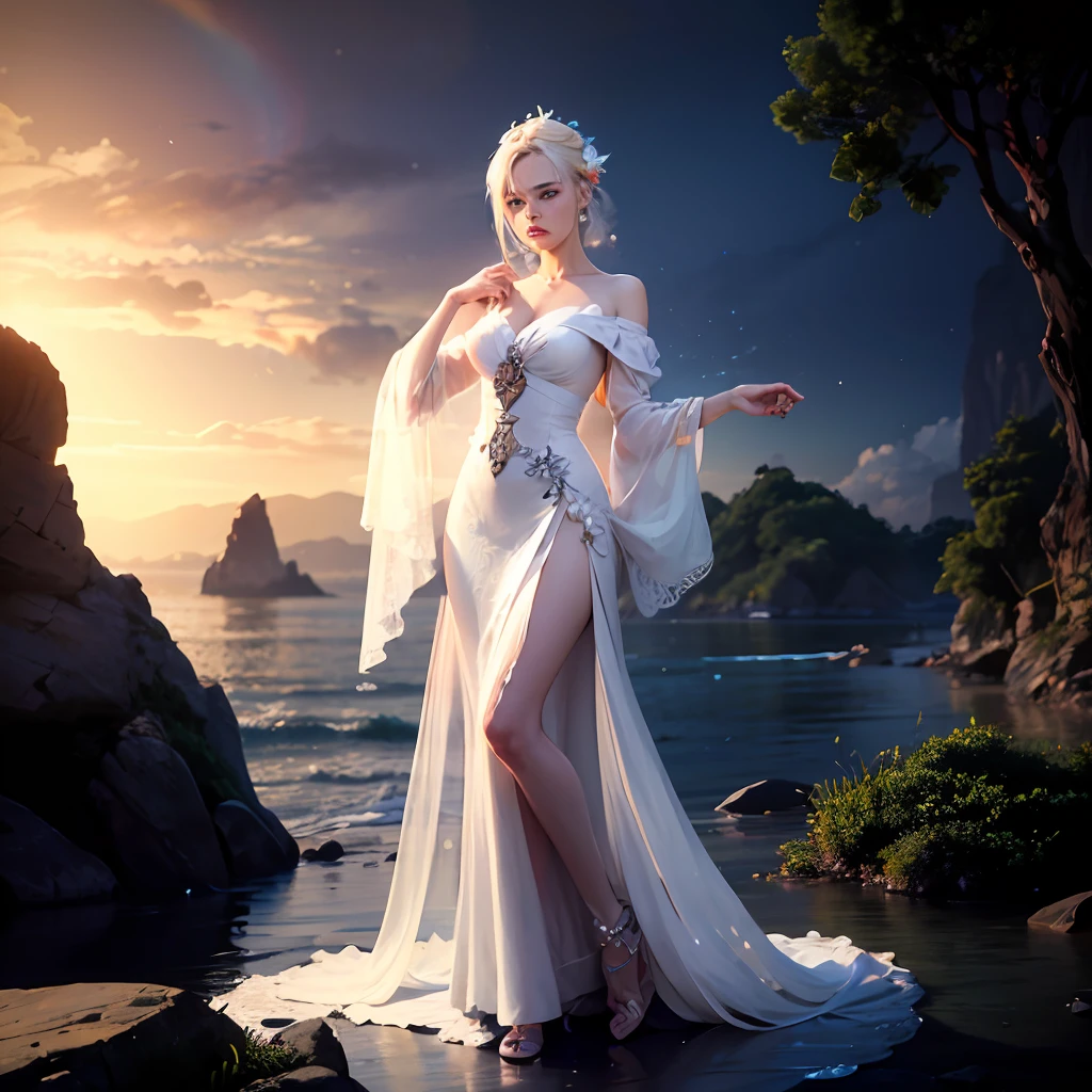 You are challenged to create a realistic image of a shell on the edge of the sea, on a beautiful beach with a lush landscape. The shell is white in color with a soft sheen and contains a delicate pearl inside. The crystal clear sea water is gently touching the shell, enveloping it with white foams and small drops of water. The sun is setting on the horizon, painting the sky with orange and gold hues, while its reflections shine on the surface of the sea. The beach is composed of fine, clear sand, decorated with shells and small waves crumbling into the sand. The surrounding landscape is lush, with coconut trees, tropical plants and distant mountains. Create an image that captures the serenity, natural beauty and harmony between the shell, the pearl, the sea and the beach, in a magical scene in the late afternoon." --auto --s2
