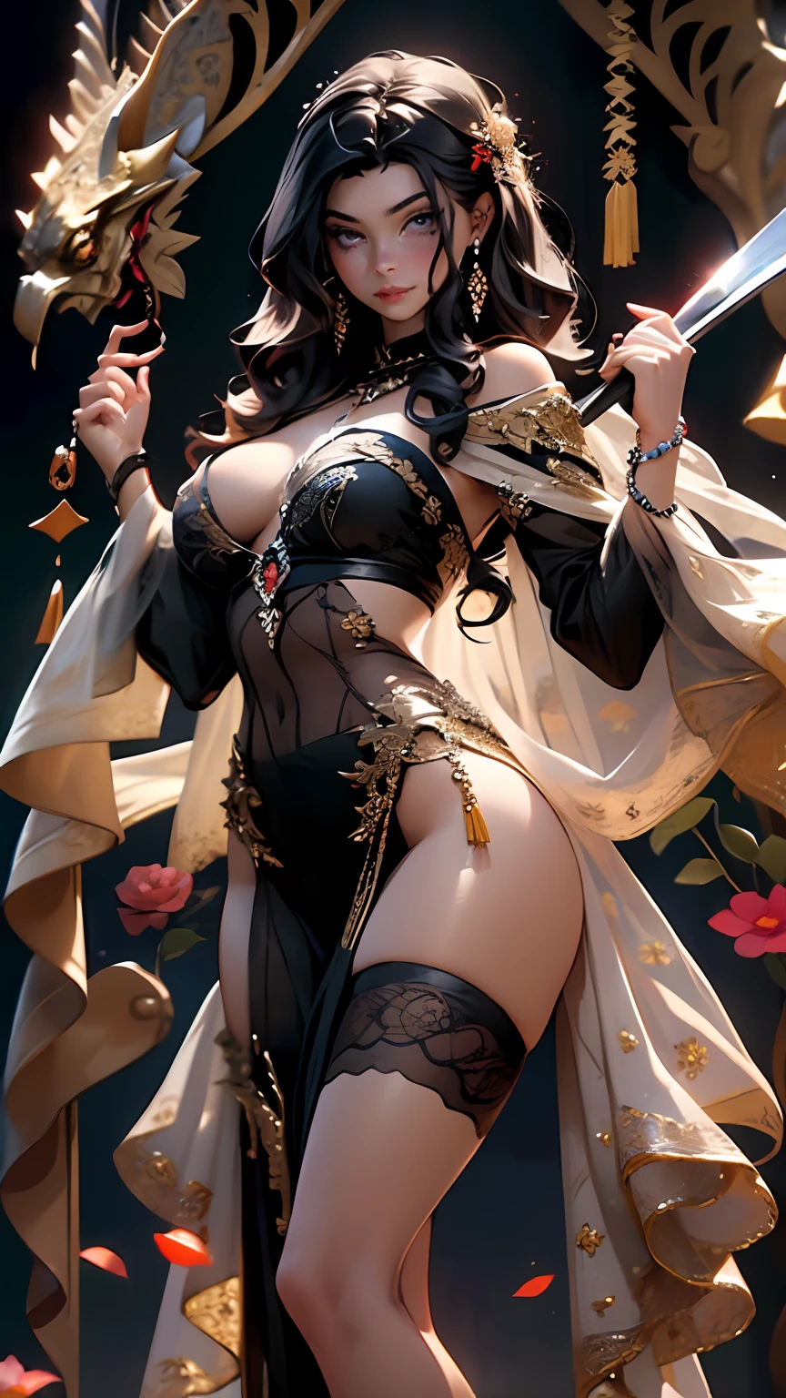 (((BLACK HAIR, [PERFECT REALISTIC EYES])))), ultra realistic 8k CG, perfect face, flawless, clean, masterpiece, professional artwork, famous art, cinematic lighting, cinematic flower, perfect face, beautiful face, beautiful eyes, (((perfect female body, narrow waist))), GOTHIC, real, SINISTER, (DARK SETTING), fantasy, dreamlike, unreal, science fiction, (huge breasts), BLACK clothes, lace, lace trim, lace legwear, nsfw,  breasts out, absurdly long hair, very long hair, (rich: 1.4), prestige, luxury, jewelry, diamond, gold, pearl, gem, sapphire, ruby, emerald, intricate detail, delicate pattern, sexy, charming, seductive, seductive, erotic, charming, hair ornament, necklace, earrings, bracelet, armband, looking at the viewer, HOLDING A SCYTHE