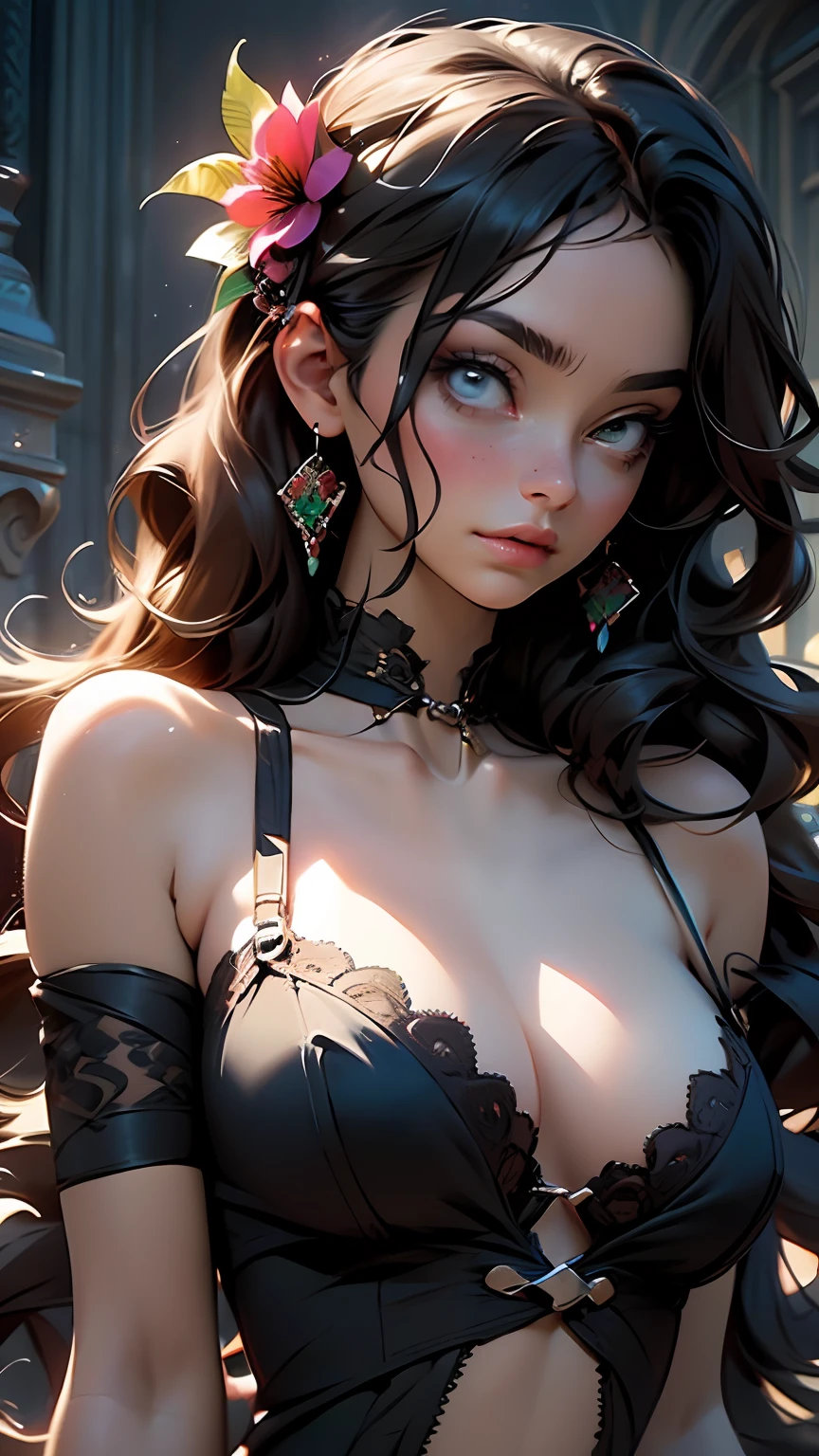 (((BLACK HAIR, [PERFECT REALISTIC EYES])))), ultra realistic 8k CG, perfect face, flawless, clean, masterpiece, professional artwork, famous art, cinematic lighting, cinematic flower, perfect face, beautiful face, beautiful eyes, (((perfect female body, narrow waist))), GOTHIC, real, SINISTER, (DARK SETTING), fantasy, dreamlike, unreal, science fiction, (huge breasts), BLACK clothes, lace, lace trim, lace legwear, nsfw,  breasts out, absurdly long hair, very long hair, (rich: 1.4), prestige, luxury, jewelry, diamond, gold, pearl, gem, sapphire, ruby, emerald, intricate detail, delicate pattern, sexy, charming, seductive, seductive, erotic, charming, hair ornament, necklace, earrings, bracelet, armband, looking at the viewer, HOLDING A SCYTHE