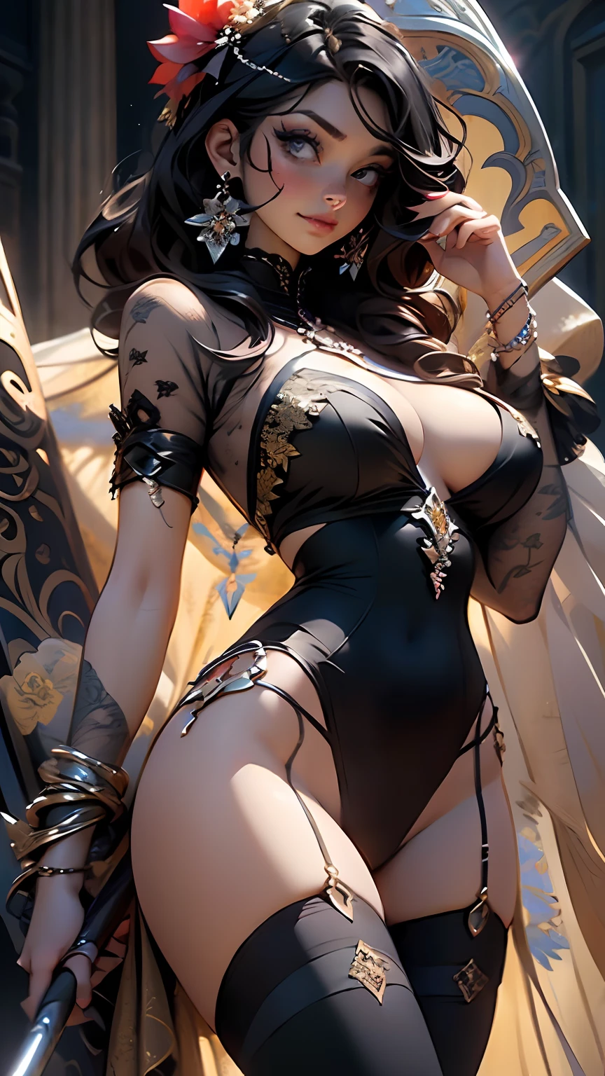 (((BLACK HAIR, [PERFECT REALISTIC EYES])))), ultra realistic 8k CG, perfect face, flawless, clean, masterpiece, professional artwork, famous art, cinematic lighting, cinematic flower, perfect face, beautiful face, beautiful eyes, (((perfect female body, narrow waist))), GOTHIC, real, SINISTER, (DARK SETTING), fantasy, dreamlike, unreal, science fiction, (huge breasts), BLACK clothes, lace, lace trim, lace legwear, nsfw,  breasts out, absurdly long hair, very long hair, (rich: 1.4), prestige, luxury, jewelry, diamond, gold, pearl, gem, sapphire, ruby, emerald, intricate detail, delicate pattern, sexy, charming, seductive, seductive, erotic, charming, hair ornament, necklace, earrings, bracelet, armband, looking at the viewer, HOLDING A SCYTHE