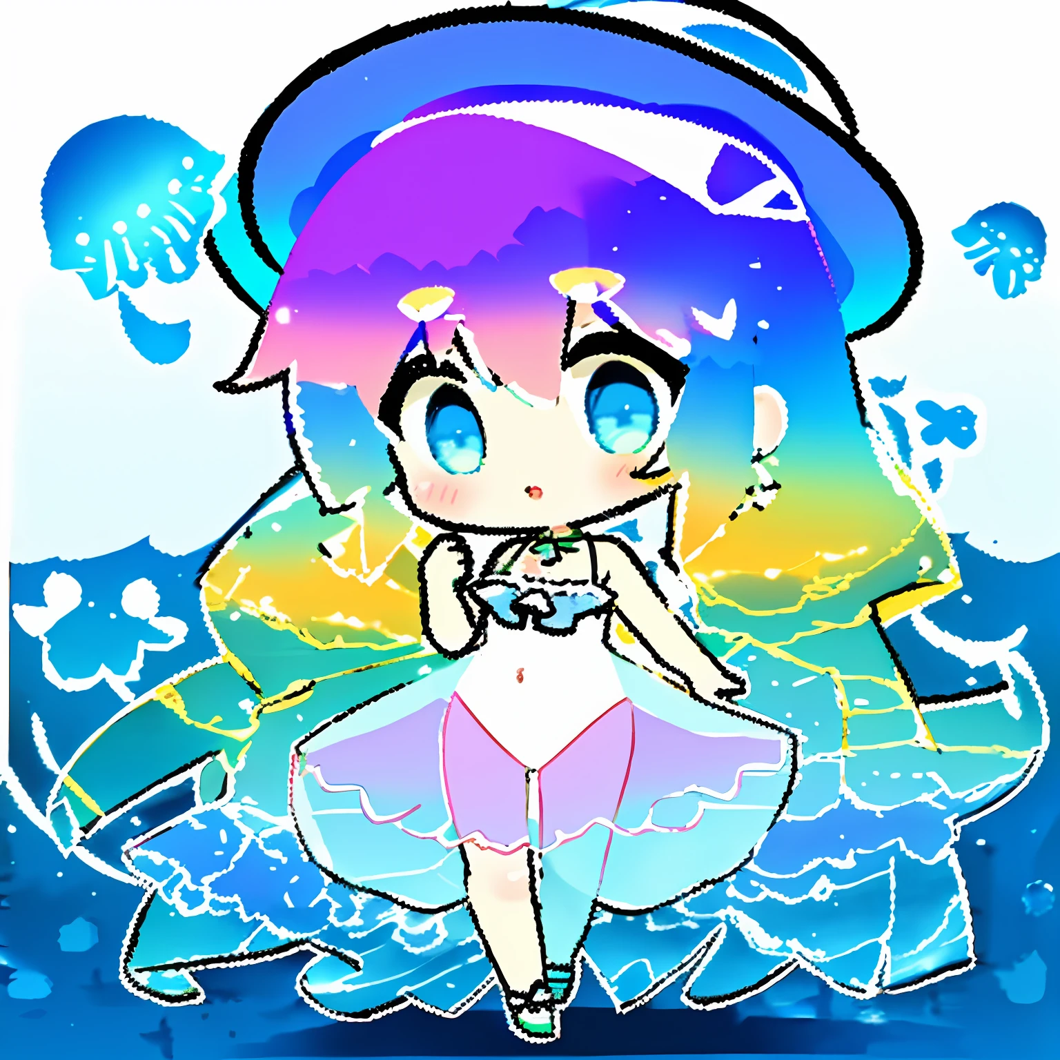 Chibi, Two-headed, Full body, jellyfish hat, see-through jellyfish, nipple seal and jellyfish fusion, background is sea, background is simple, watercolor touch, smeared, colorful, active pose, pigtails, female brat, thick eyebrows, beautiful blonde, braid, (masterpiece), ((highest quality)), girl, solo, (beautiful eyes)), beautiful detailed eyes, five fingers, textile shading,