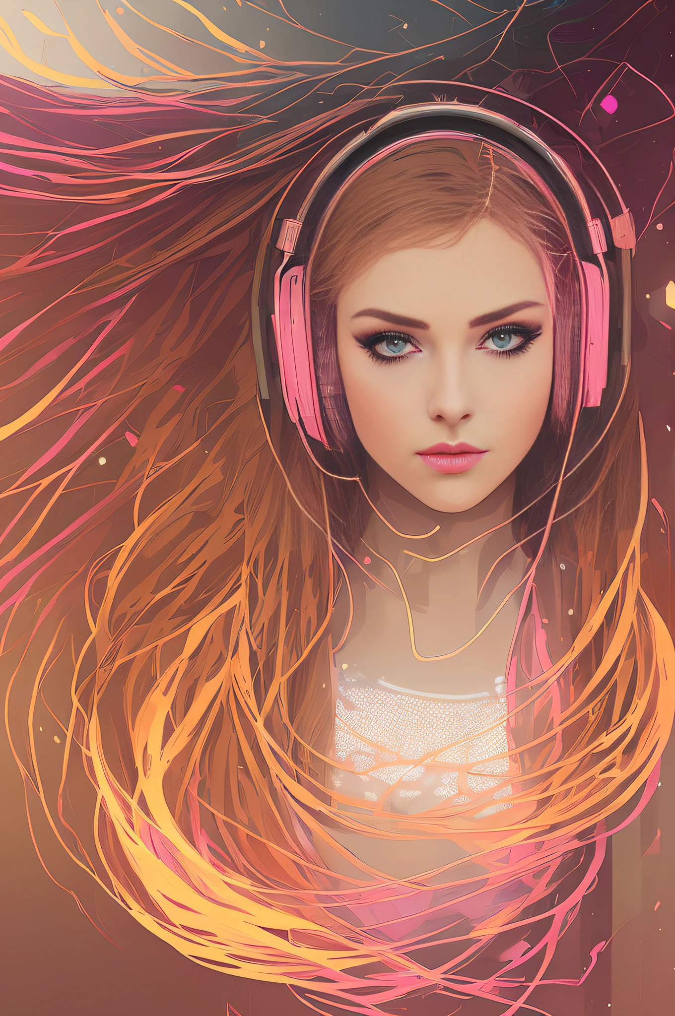 snthwve style nvinkpunk (symmetry:1.1) (portrait of floral:1.05) a photo of young (woman:1.5) with long transparent coat, (headphones:1.3), (blonde hair:1.5), (assassins creed style:0.8), pink and gold and opal color scheme, beautiful intricate filegrid facepaint, intricate, elegant, highly detailed, digital painting, artstation, concept art, smooth, sharp focus, illustration, art by greg rutkowski and alphonse mucha, 8k, theprince