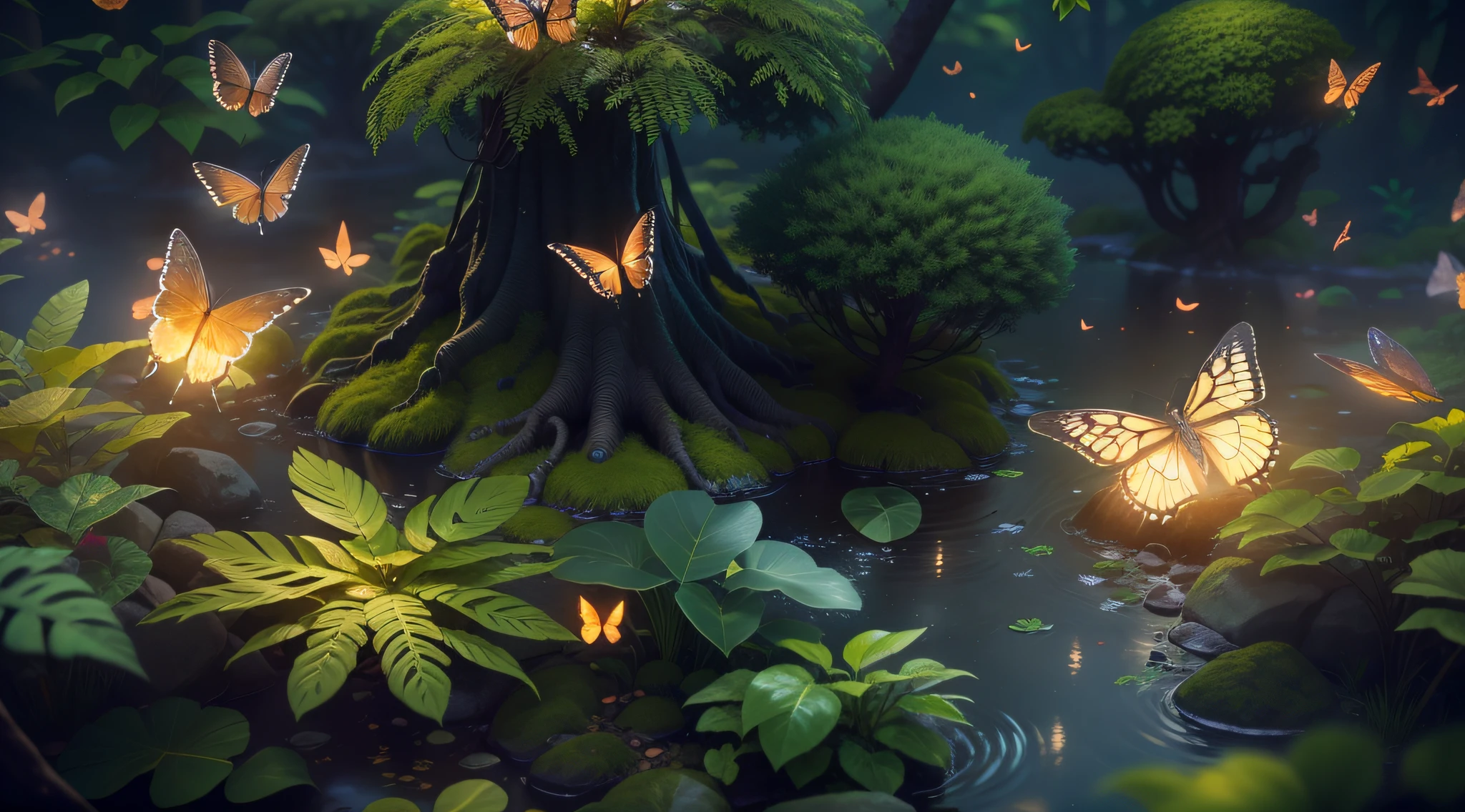 A masterpiece, the best quality, stunning reflections, the best reflections ever. (very detailed CG unity 8k wallpapers), (best quality), (best illustrations), (best shadows), forest theme with natural elements. Tall trees, quiet streams, small glowing mushrooms surrounded by delicate leaves and branches, with fireflies and glowing particle effects,, (natural elements), (jungle theme), (leaves), (twigs), (fireflies), butterflies, (delicate leaves), (glow), (particle effects). , Isometric 3D, Octane Rendering, Ray Traced, Super Detailed