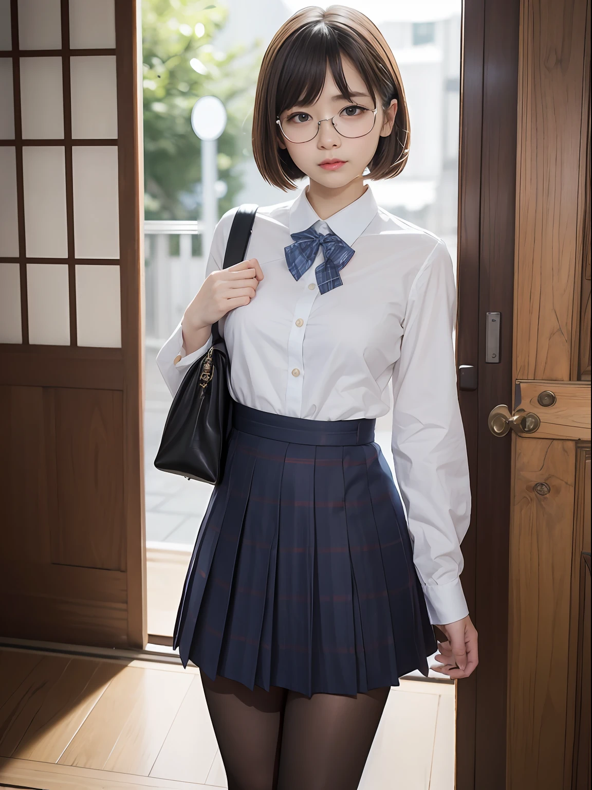(8K、Raw photography、top-quality、masterpiece:1.2),Black pantyhose,absurderes,a small face,small tits,flat breast,Parting the bangs from the middle、Forehead visible,(Tight eyes,Bullish,skinny,Rasping,irate)、masterpiece,top-quality、超A high resolution,Raw photo,ren,Beautiful fece,One Person, 独奏,eye glass,,Dark look,Small breasts,fullllbody,Round glasses、cute little、A Japanese Lady,is standing,(Tight eyes,Bullish,skinny,Rasping,irate,small tits,flat breast)、(Photorealsitic:1.37)、Photon mapping,Light blue ribbon,Realistic、Cute little face,Brown-eyed、Black socks、(Red bow tie)、Radio City、Physically Based Rendering、Foreground、depth of fields、Blurry background、a picture,The girls、Body, Long legs, Thin leg,Semi-bob cut,(Bangs are visible), hair, s lips, Blue_The eye, nosesoft,White shirt, Navy blue and white plaid pleated skirt, Knees are visible,Sheer clothing,, Thigh, Black cotton socks,Nogizaka Idol, 女優, Japanese ido