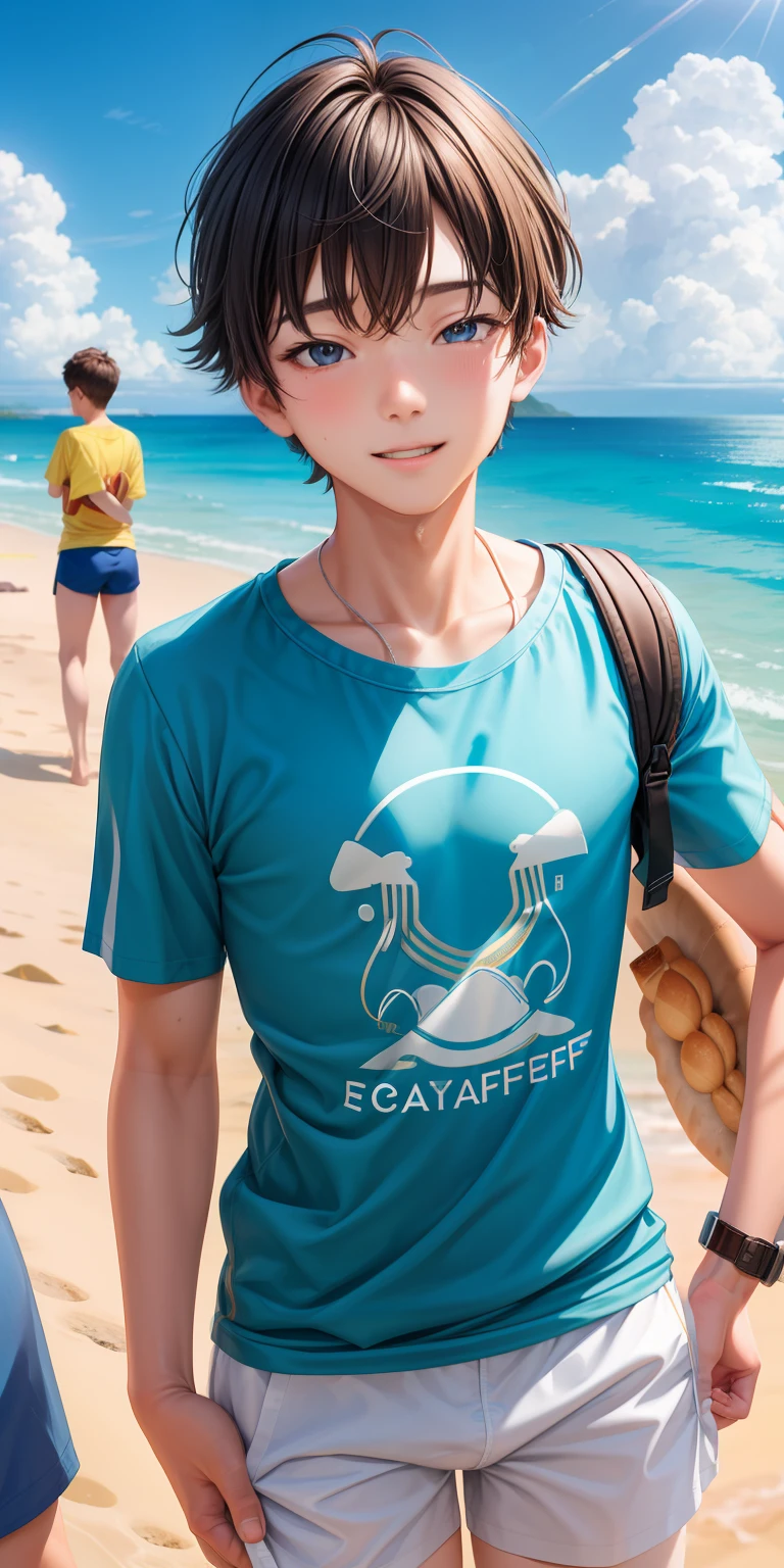 realisticlying,Two 18-year-old boys.Crotch close contact,selfee、Sea bread,T-shirt wearing、the beach,selfee,Face Real,Face Zoom、Pubic area bulges