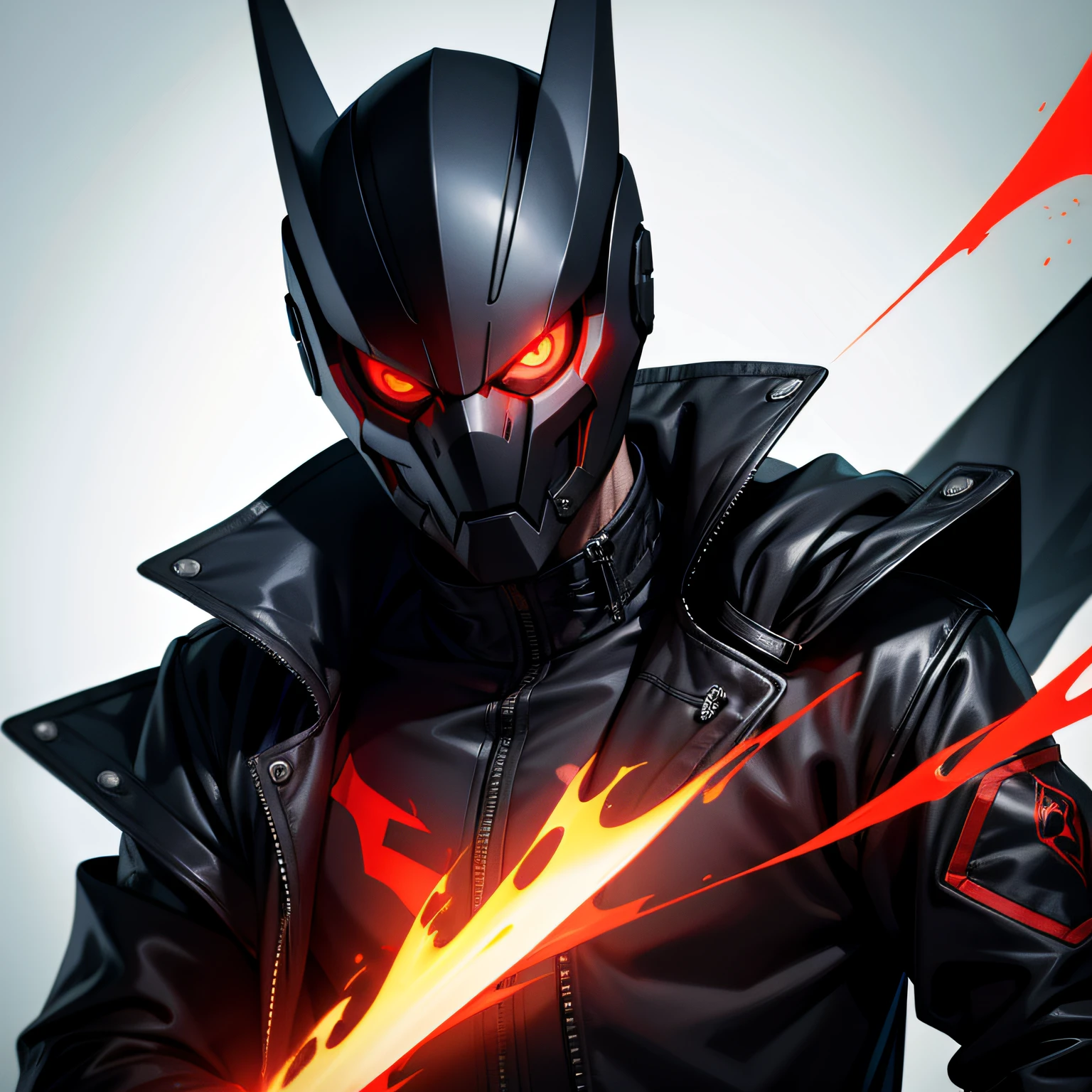 Man wearing a black jacket, red mask, glowing eyes
