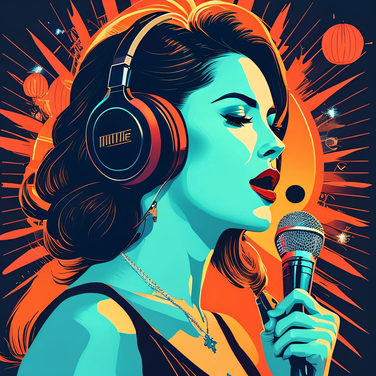 (masterpiece, best quality, beautiful:1.4), a woman with headphones on singing into a microphone, in style of digital illustration, vector artwork, vector art style, extremely high quality artwork, vector style drawing, vector art, jen bartel, digital art style, lowres, detailed vectorart, style digital painting, high quality artwork, digital art high quality, martin ansin artwork portrait, high quality portrait, wallpaper, 8k