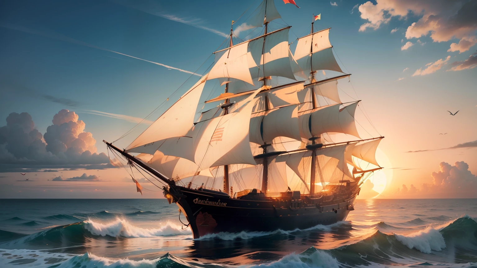 Draw a majestic galleon sailing in the blue waters of the ocean. The galleon must be inspired by Portuguese ships of the sixteenth century, with three tall masts, fluttering white sails and a flag with the colors of Portugal fluttering in the wind. As ondas do mar devem ser retratadas com detalhes, criando um efeito de movimento, e ao fundo, The sky should be painted with soft shades of orange and pink, indicating a beautiful sunset. Let your creativity flow to capture the essence of the Age of Discovery and the splendor of the Portuguese galleons! Hiper realista, alta qualidade 8k