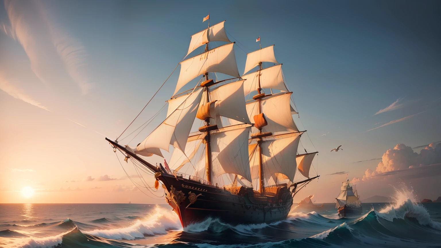 Draw a majestic galleon sailing in the blue waters of the ocean. The galleon must be inspired by Portuguese ships of the sixteenth century, with three tall masts, fluttering white sails and a flag with the colors of Portugal fluttering in the wind. As ondas do mar devem ser retratadas com detalhes, criando um efeito de movimento, e ao fundo, The sky should be painted with soft shades of orange and pink, indicating a beautiful sunset. Let your creativity flow to capture the essence of the Age of Discovery and the splendor of the Portuguese galleons! Hiper realista, alta qualidade 8k
