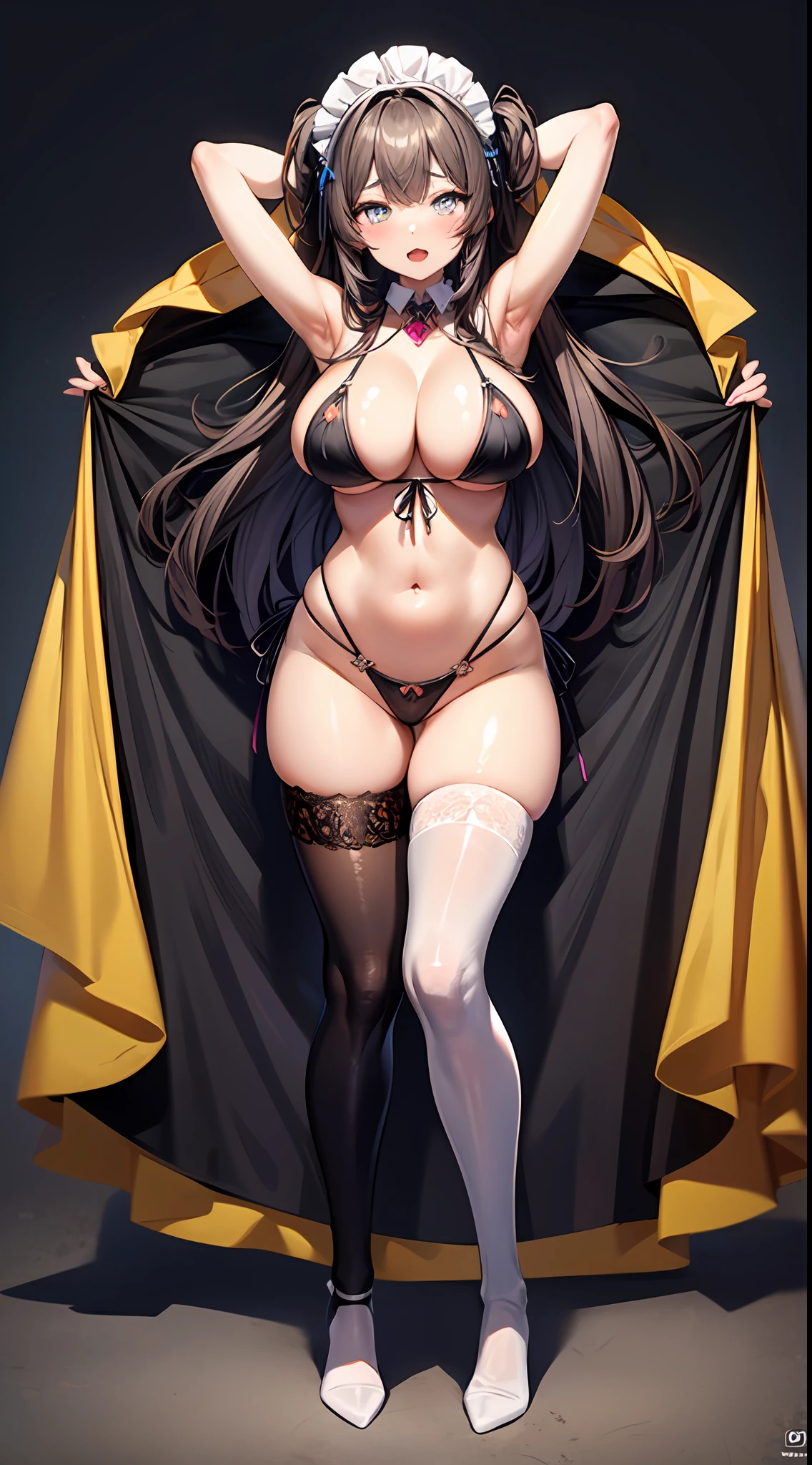 [(Transparent Background: 1.5)::5],(((Masterpiece))),(((Best Quality))),(((Extremely Detailed))), Illustration, (High Resolution), High Quality, Perfect Line Art, 1girl arm_strap asymmetrical_hair bikini bikini_bottom_only black_hair black_legwear black_thighhighs breasts closed_mouth clothing corset curvaceous detached_collar female grey_eyes grey_hair headdress headwear heart heart_pasties heart-shaped_pupils jewelry large_breasts legwear long_hair maid_headdress micro_bikini multicolored_hair navel one_arm_up open_mouth pasties revealing_clothes ring side-tie_bikini_bottom skindentation stomach streaked_hair swimsuit symbol-shaped_pupils thighhighs thong tongue tongue_out v-shaped_eyebrows x-shaped_pupils high_resolution very_high_resolution full_body