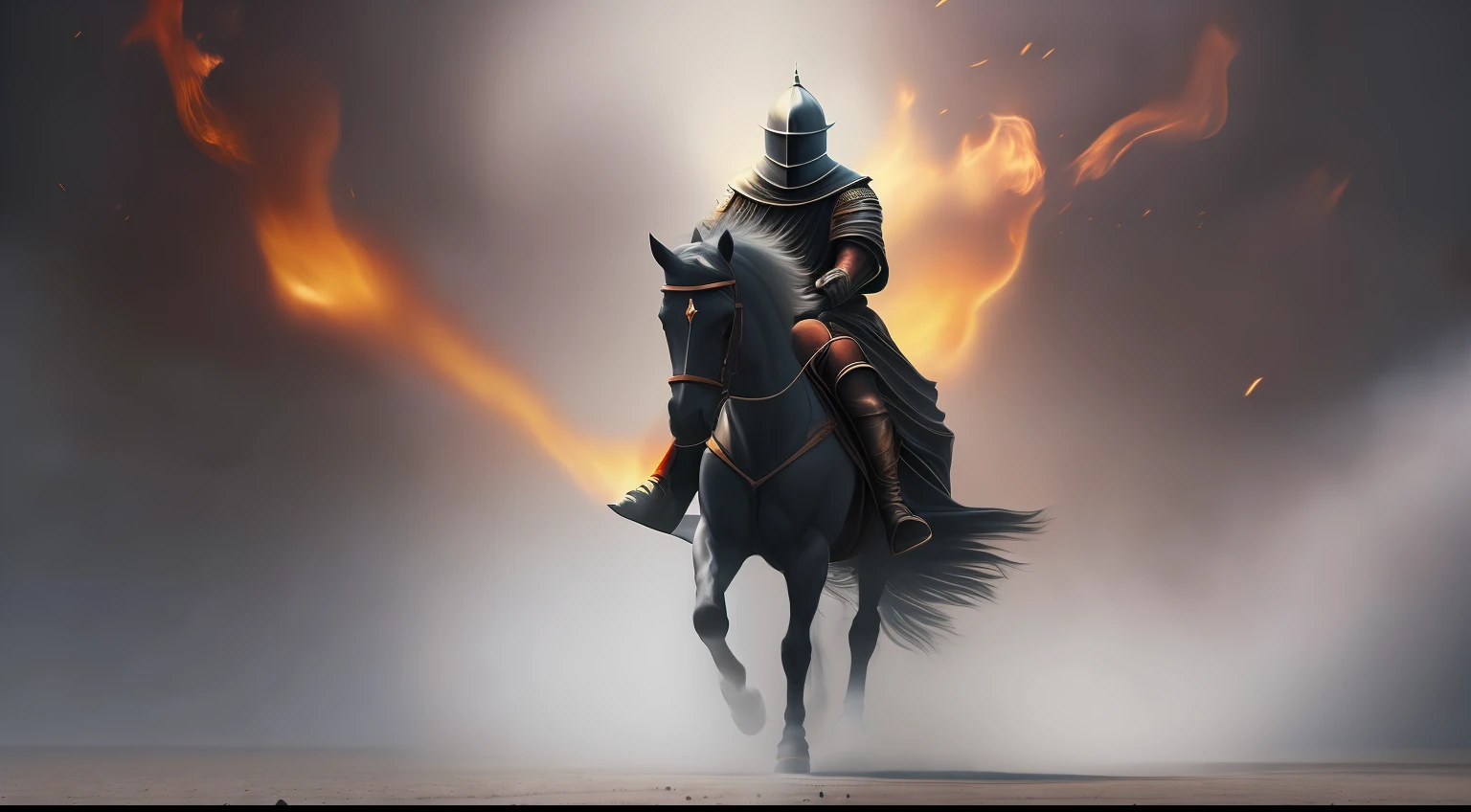 a knight in a long flowing black robe riding a white horse, epic and dramatic moment, horor style, character render, octane rander, fog, fire robe, debrish, ultra high quality model, epic war background, abstract beauty, explosive volumetric, digital painting, heavy strokes, mystery place, ultra detailed, high texture, 8k, good anatomy, creative abstract art, centered object, very wide shot, low angle