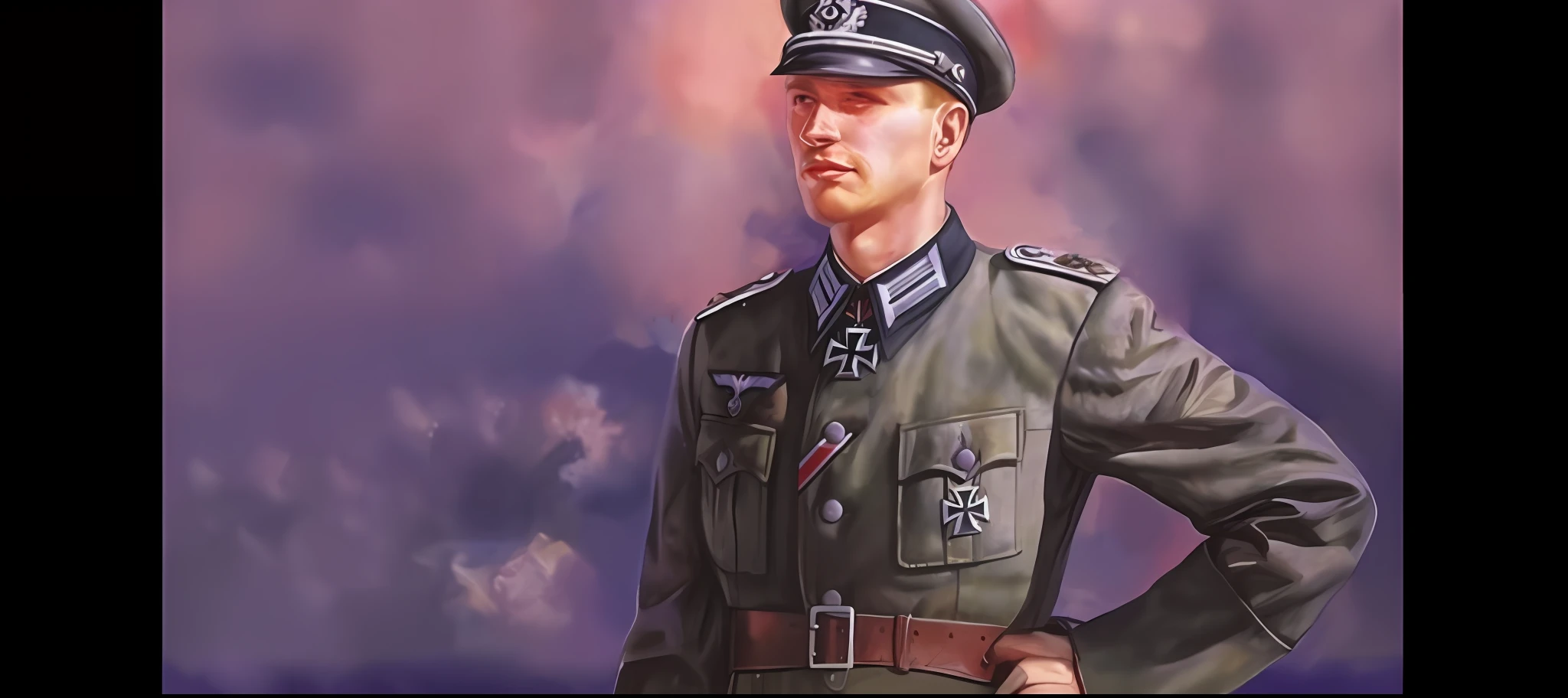 Painting of a man in uniform standing with his hands on his hips, hearts of iron portrait, inspirado em Adolf Dietrich, inspired by Adolf Ulric Wertmüller, iron hearts portrait style, inspirado em Armin Hansen, inspirado em Hans Fries, Leader of fascist Hungary, Directed by: Hans Fries, Directed by: Isidore Kršnjavi