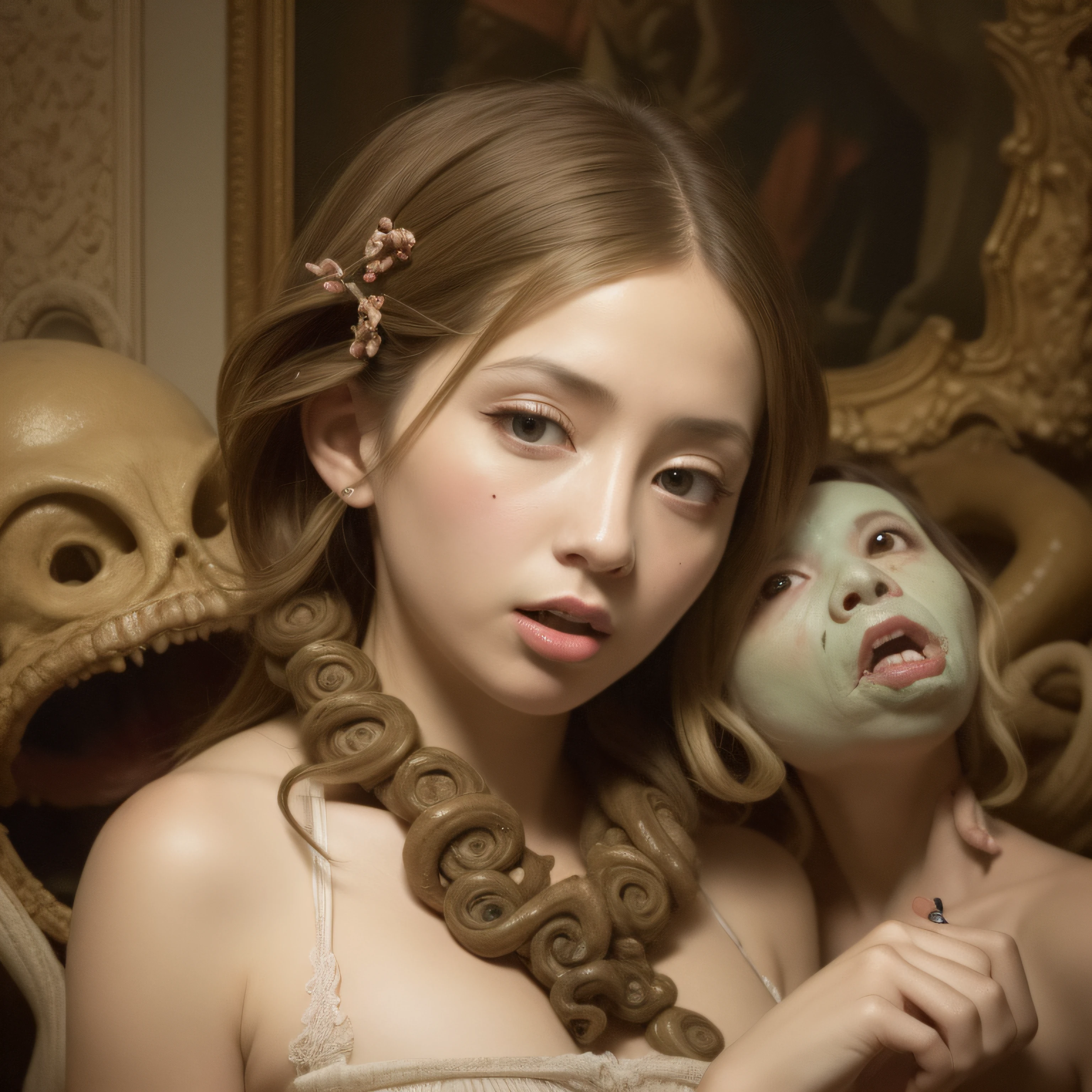 (extremadamente detallado, obra maestra, La mejor calidad), Estilo oscuro, intense illumination, rostro con arrugas, lengua larga, tentacle, deforme, monstruoso, un anciano con Colmillos finos, amenazante. Rococo composition. Luz de caravaggio