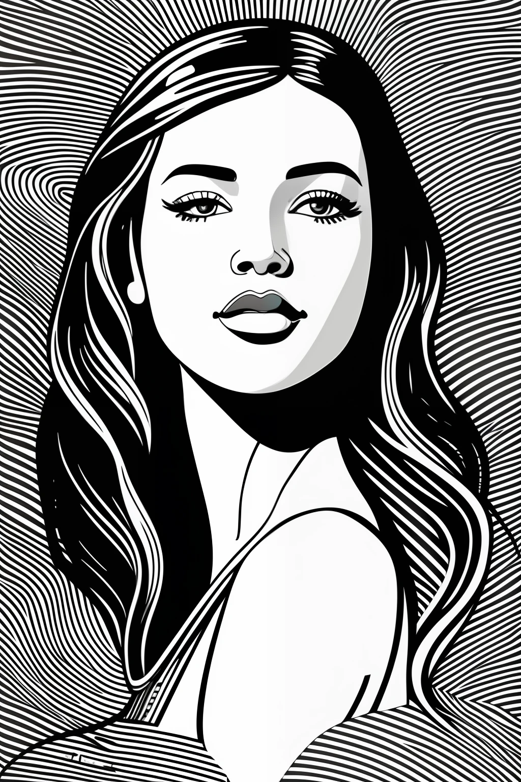 a black and white portait, wilde surfer girl, vector line - art style, illustration black outlining, illustration line art style, thick vector line art, line art portrait, exquisite line art, line art illustration, in style of digital illustration, vector line art, outlined art, vector style drawing, bold line art, glowwave girl portrait, thin line art