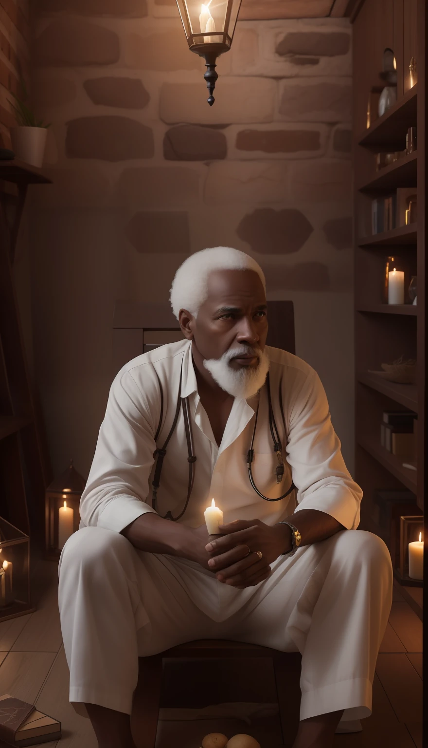 Crie uma imagem hiper realista de um homem velho afrodescendente, 100 anos, olhos brilhantes, cansados e triste, pele negra, barba grande e volumosa branca, cabelos  branco, roupa branca , Cord of seeds and teeth of animals around the neck, sitting on a small barefoot wooden bench. The decoration should be of antique brick wall with several lit candles, with candlelight lighting. Several candles lit on the floor, with a lot of smoke in an intimate and religious environment. Use a Sony A7 III camera with an 85mm lens at an aperture setting of F 1.2 para desfocar o fundo.  Richness in the features of the face, boca e olhos. Crie uma imagem ultrarrealista que captura a beleza natural e a personalidade, dramatic lighting, ..............................................3d, VFX, 9:16 cinematic lighting, Estilo Phock, Estilo UltraVector, hyper realistic, cinemactic, Ultra High Definition, HDR, cinemactic, Realistic, precision detailed (moldura para foto) cintura), imagem central, Estilo, bioluminescente, tamanho real 8, 8K resolution