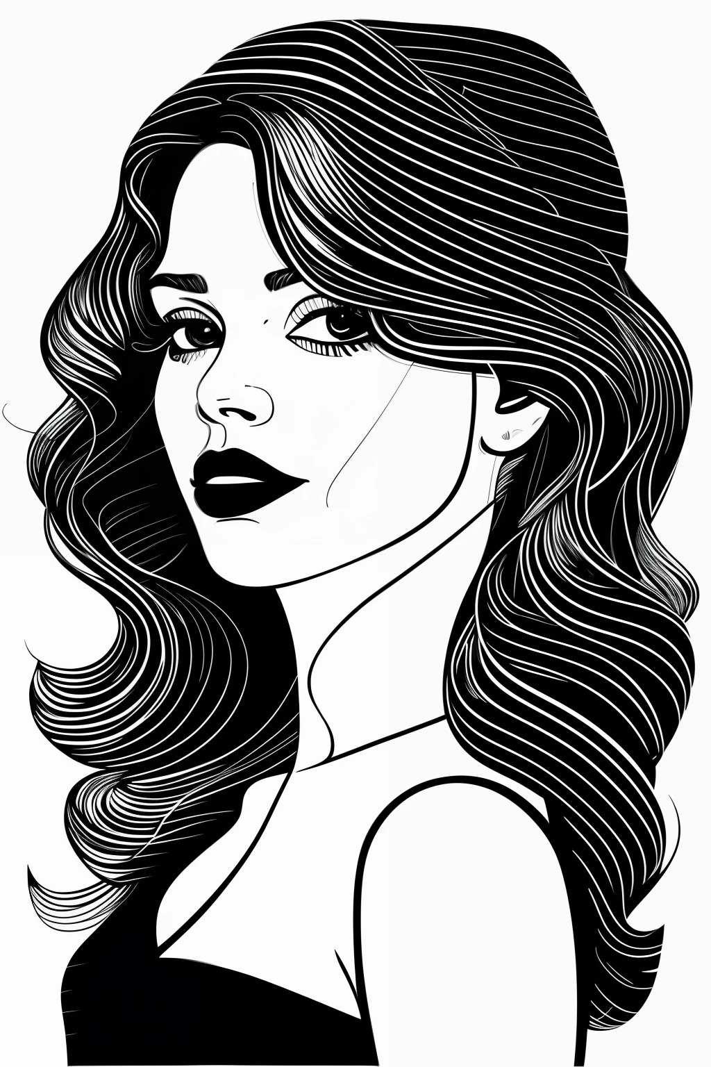 a black and white portait, wilde surfer girl, vector line - art style, illustration black outlining, illustration line art style, thick vector line art, line art portrait, exquisite line art, line art illustration, in style of digital illustration, vector line art, outlined art, vector style drawing, bold line art, glowwave girl portrait, thin line art