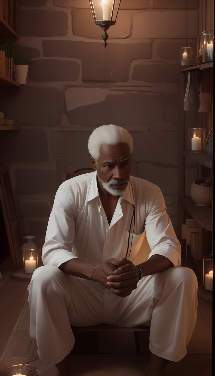 Crie uma imagem hiper realista de um homem velho afrodescendente, 100 s, olhos brilhantes, cansados e triste, pele negra, barba grande e volumosa branca, cabelos  branco, roupa branca , Cord of seeds and teeth of animals around the neck, sitting on a small barefoot wooden bench. The decoration should be of antique brick wall with several lit candles, with candlelight lighting. Several candles lit on the floor, with a lot of smoke in an intimate and religious environment. Use a Sony A7 III camera with an 85mm lens at an aperture setting of F 1.2 para desfocar o fundo.  Richness in the features of the face, boca e olhos. Crie uma imagem ultrarrealista que captura a beleza natural e a personalidade, dramatic lighting, ..............................................3d, VFX, 9:16 cinematic lighting, Estilo Phock, Estilo UltraVector, hyper realistic, cinemactic, Ultra High Definition, HDR, cinemactic, Realistic, precision detailed (moldura para foto) cintura), imagem central, Estilo, bioluminescente, tamanho real 8, 8K resolution
