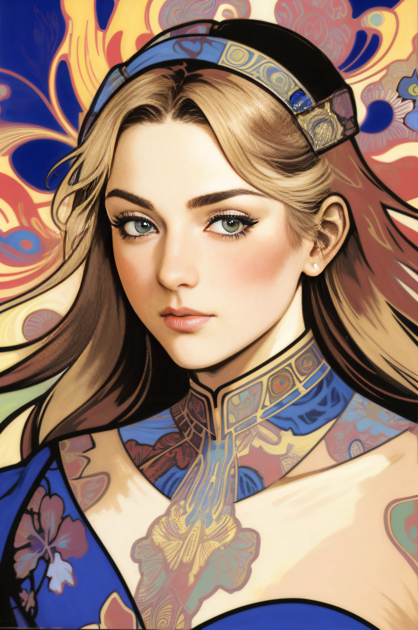 [close up of viking woman's face:abstract background:0.5], extremely detailed face and eyes, explosive pose, expressionism, digital art, colorful background, absurdist, highly detailed, (brush strokes:1.1), (acrylic paint:1.1), pointillism, muted colors, by satoshi kon, by alphonse mucha, by raphael