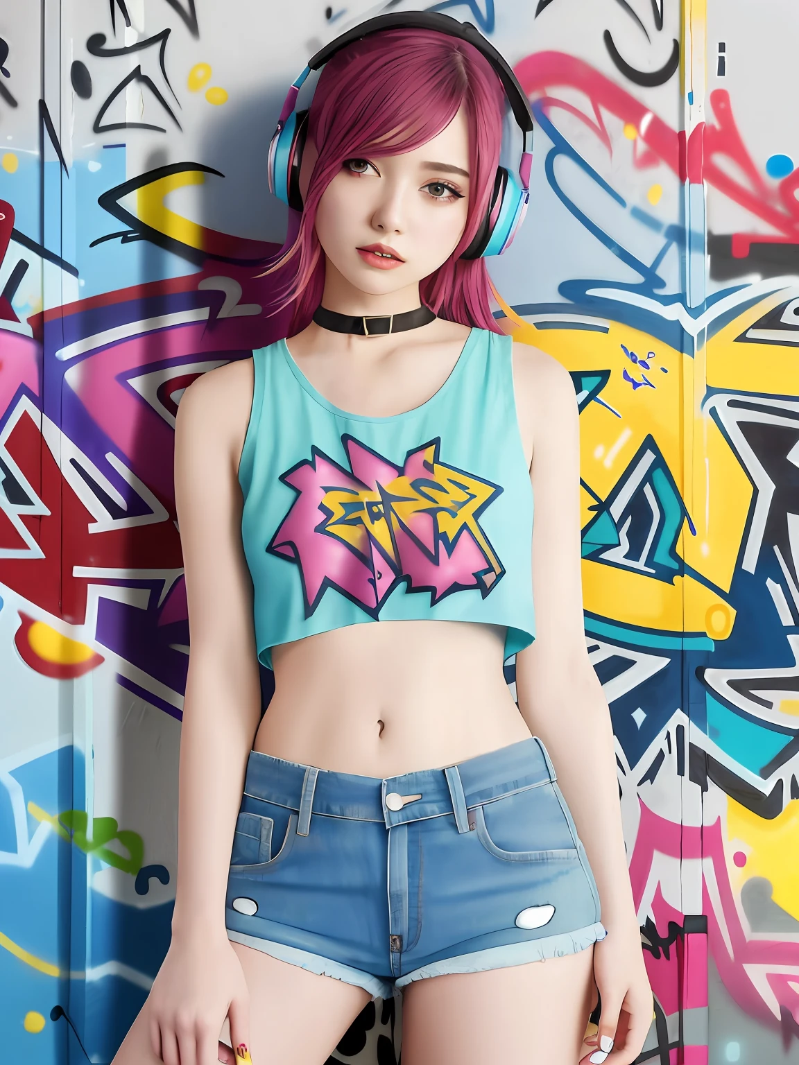 masterpiece, best quality, 1girl, solo, crop top, denim shorts, choker, (graffiti:1.5), paint splatter, arms behind back, against wall, looking at viewer, armband, thigh strap, paint on body, head tilt, bored, multicolored hair, aqua eyes, headset,