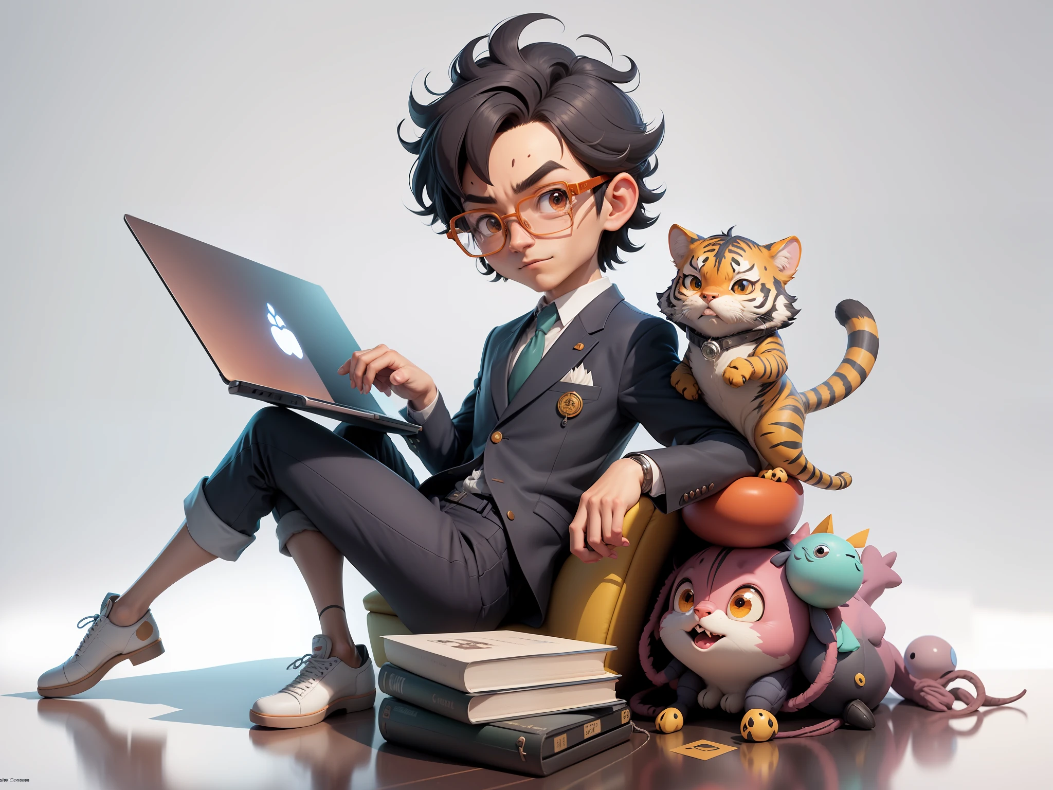 A young man in a suit, Short hair and glasses sat at his desk,holding laptop,digitial painting,tigre,3D character design by Mark Clairen and Pixar and Hayao Miyazaki and Akira Toriyama,4K HD illustration,Very detailed facial features and cartoon-style visuals。