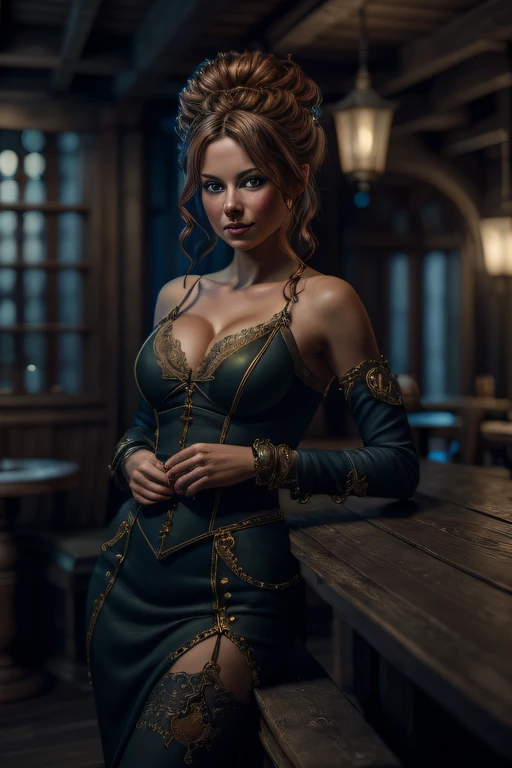 Gemma Hunter girl in fantasy tavern, masterpiece, ultra high contrast, intricate details, insane details, 8k