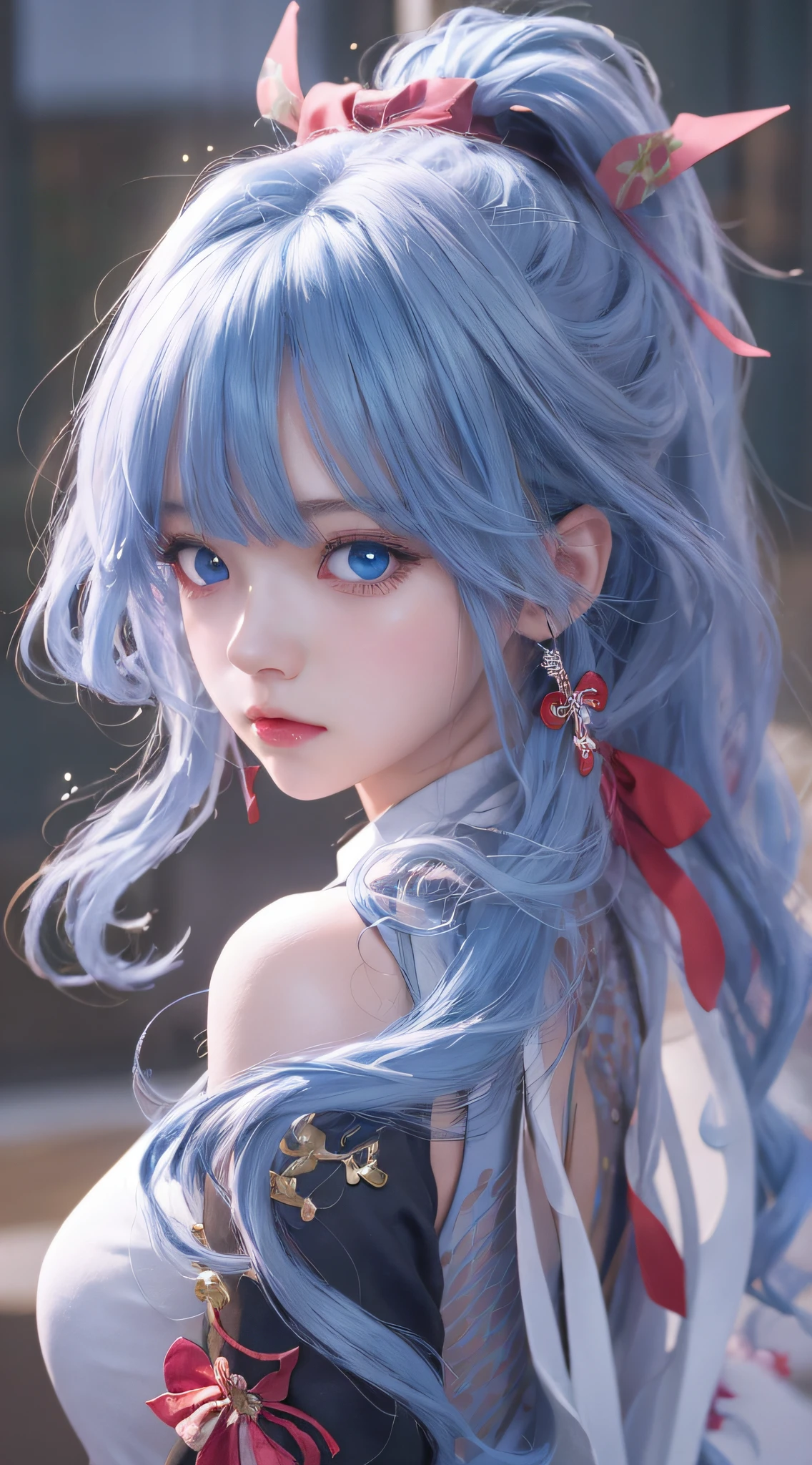 Anime girl with long blue hair and blue eyes red bow, a beautiful anime portrait, Stunning anime face portrait, style of anime4 K, Detailed digital anime art, Beautiful anime girl, High quality detailed art in 8K, detailed portrait of an anime girl, Smooth anime CG art, Anime style. 8K, Beautiful anime face, portrait anime girl, Digital anime art