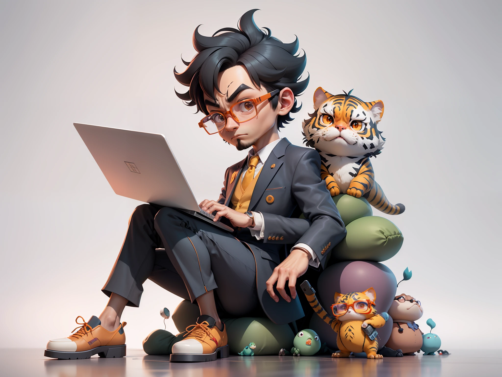 A young man in a suit, Short hair and glasses sat at his desk，holding laptop，digitial painting，tigre，3D character design by Mark Clairen and Pixar and Hayao Miyazaki and Akira Toriyama，4K HD illustration，Very detailed facial features and cartoon-style visuals。