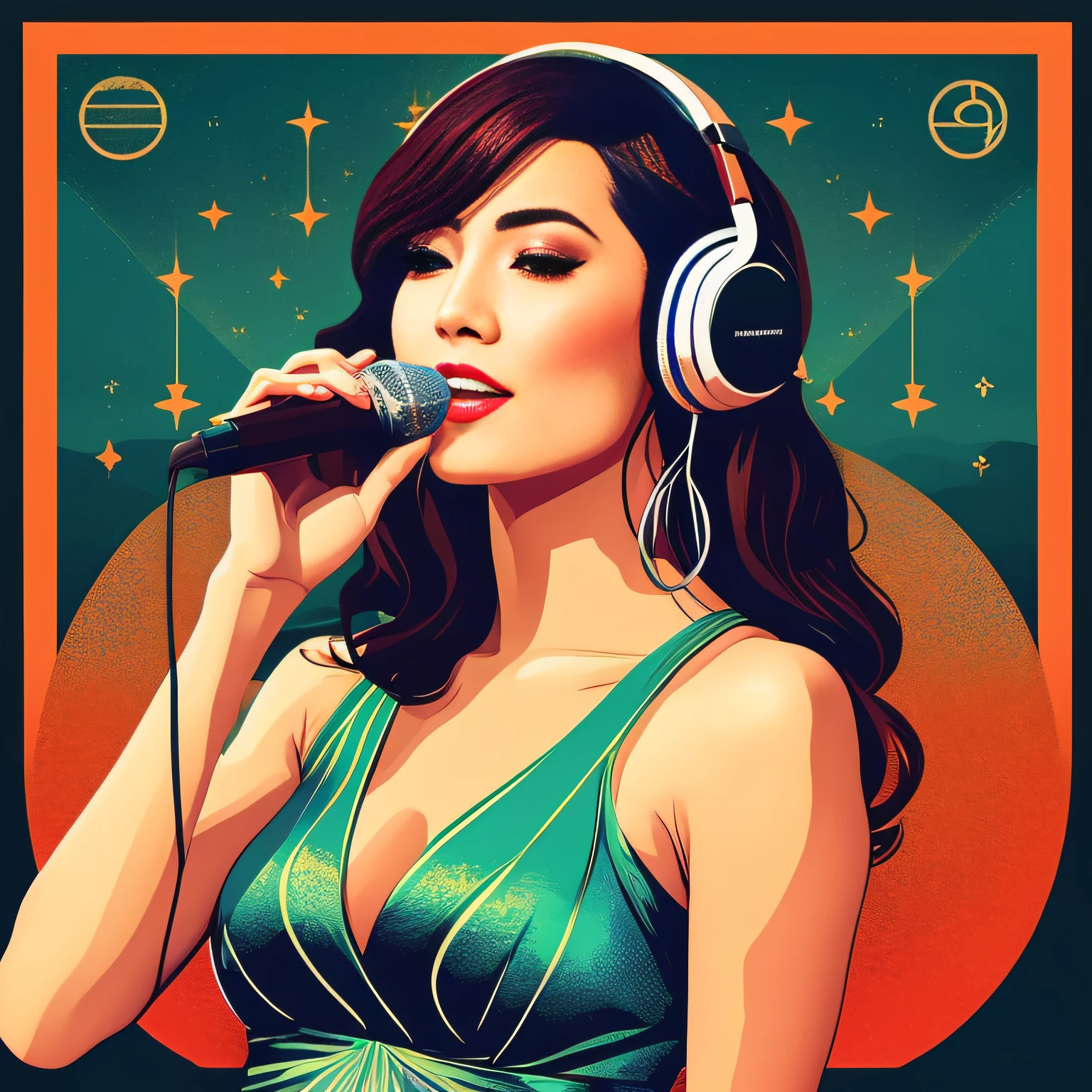 (masterpiece, best quality, beautiful:1.4), a woman with headphones on singing into a microphone, in style of digital illustration, vector artwork, vector art style, extremely high quality artwork, vector style drawing, vector art, jen bartel, digital art style, lowres, detailed vectorart, style digital painting, high quality artwork, digital art high quality, martin ansin artwork portrait, high quality portrait, wallpaper, 8k