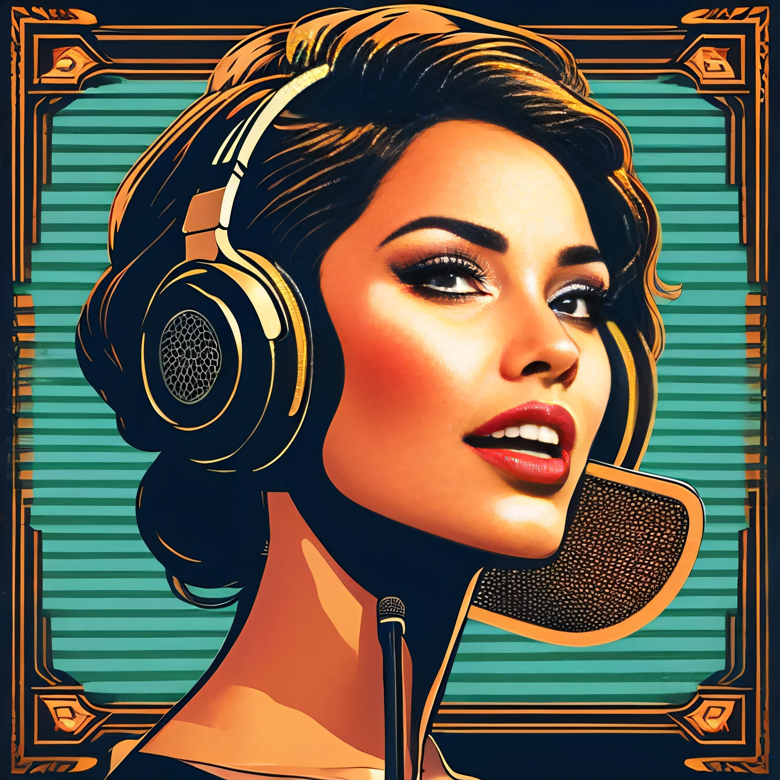 (masterpiece, best quality, beautiful:1.4), a woman with headphones on singing into a microphone, in style of digital illustration, vector artwork, vector art style, extremely high quality artwork, vector style drawing, vector art, jen bartel, digital art style, lowres, detailed vectorart, style digital painting, high quality artwork, digital art high quality, martin ansin artwork portrait, high quality portrait, wallpaper, 8k