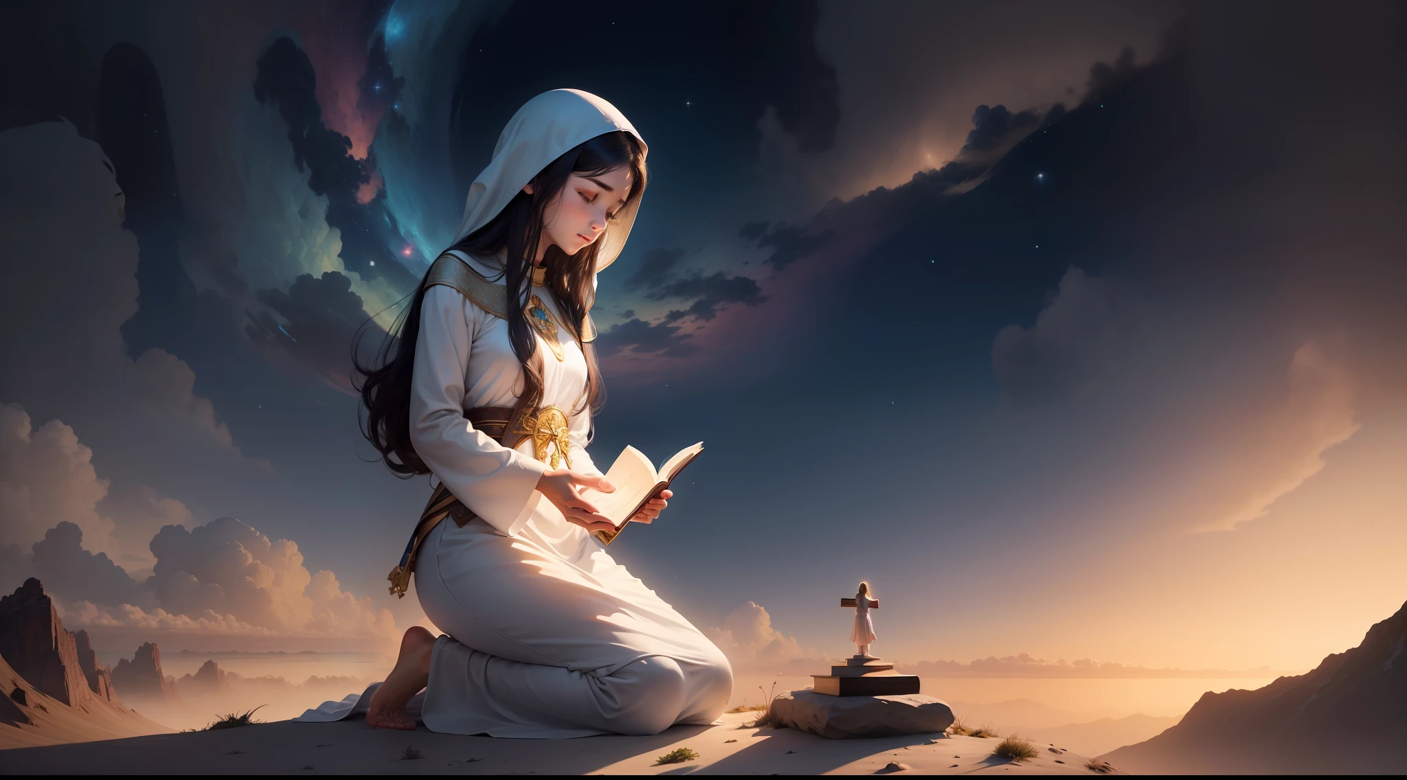 The image depicts a serene and inspiring setting, banhado por uma luz suave e dourada que emana de um sol poente. No centro da imagem, There is a lone figure kneeling in an open space, como um campo ou uma colina verdejante.
This figure represents a person in deep prayer, with eyes closed and hands together, demonstrating devotion and surrender to their faith. The posture is one of serenity and inner peace, reflecting the confidence and spiritual connection that faith provides.
Ao redor dessa pessoa, there are symbols of his belief: perhaps a Christian cross, um livro sagrado, a religious symbol or any object that represents your specific faith.
in sky, stars begin to dot the celestial immensity, symbolizing hope and belief in something greater and beyond human reach. The presence of the stars also suggests that faith is rooted in the mystery of the universe and the belief that there is a divine force that guides and protects.
The environment around the figure is surrounded by a soft and ethereal aura, conveying the idea that faith transcends the limits of the material world and connects the human soul to the divine.
This image symbolizes faith as a source of spiritual comfort, inner strength and hope, showing that belief in something greater than ourselves can enlighten our hearts even in the most difficult situations and in the darkest moments.